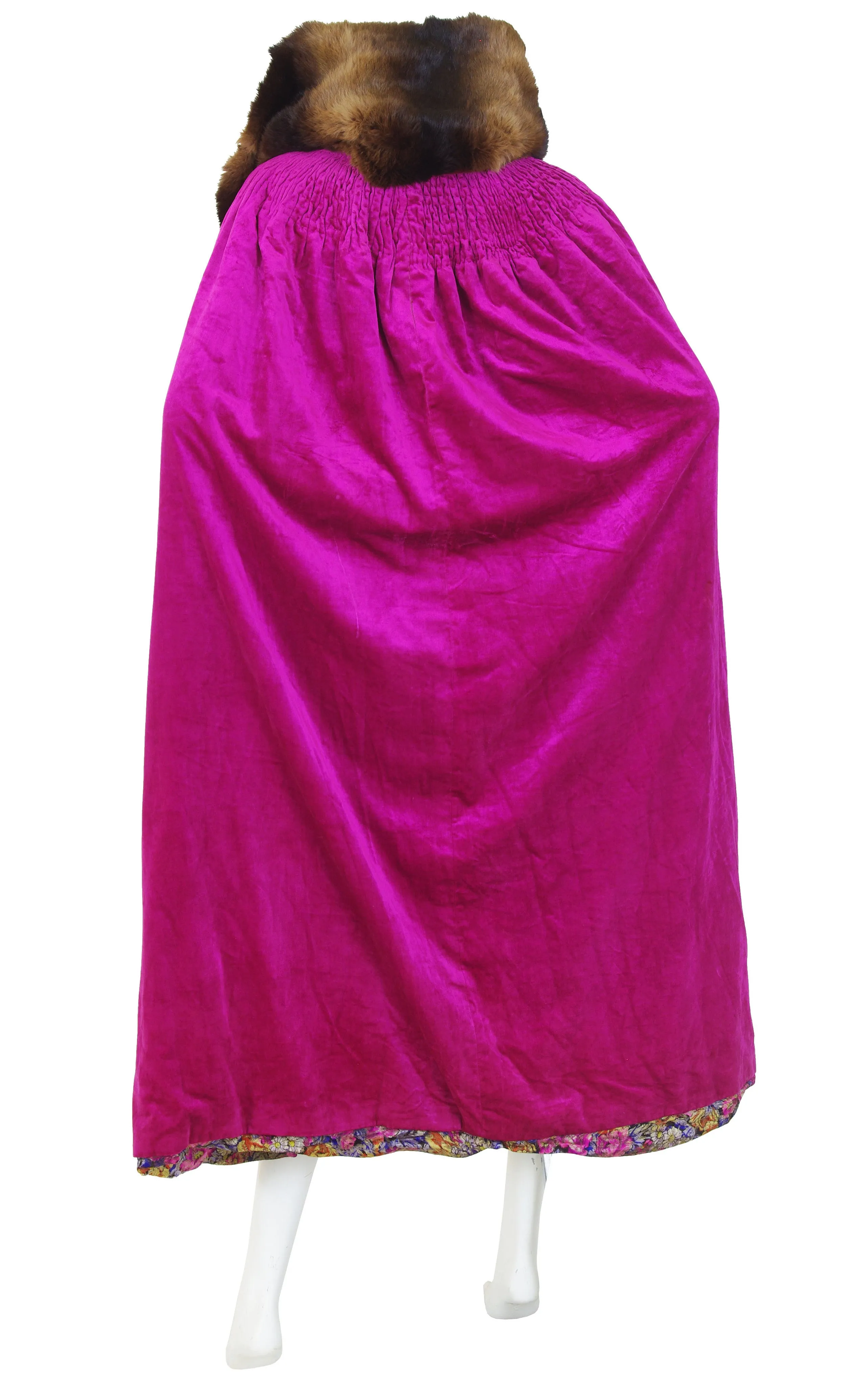 1920s Floral Silk Lamé & Pink Velvet Fur Collar Opera Cape