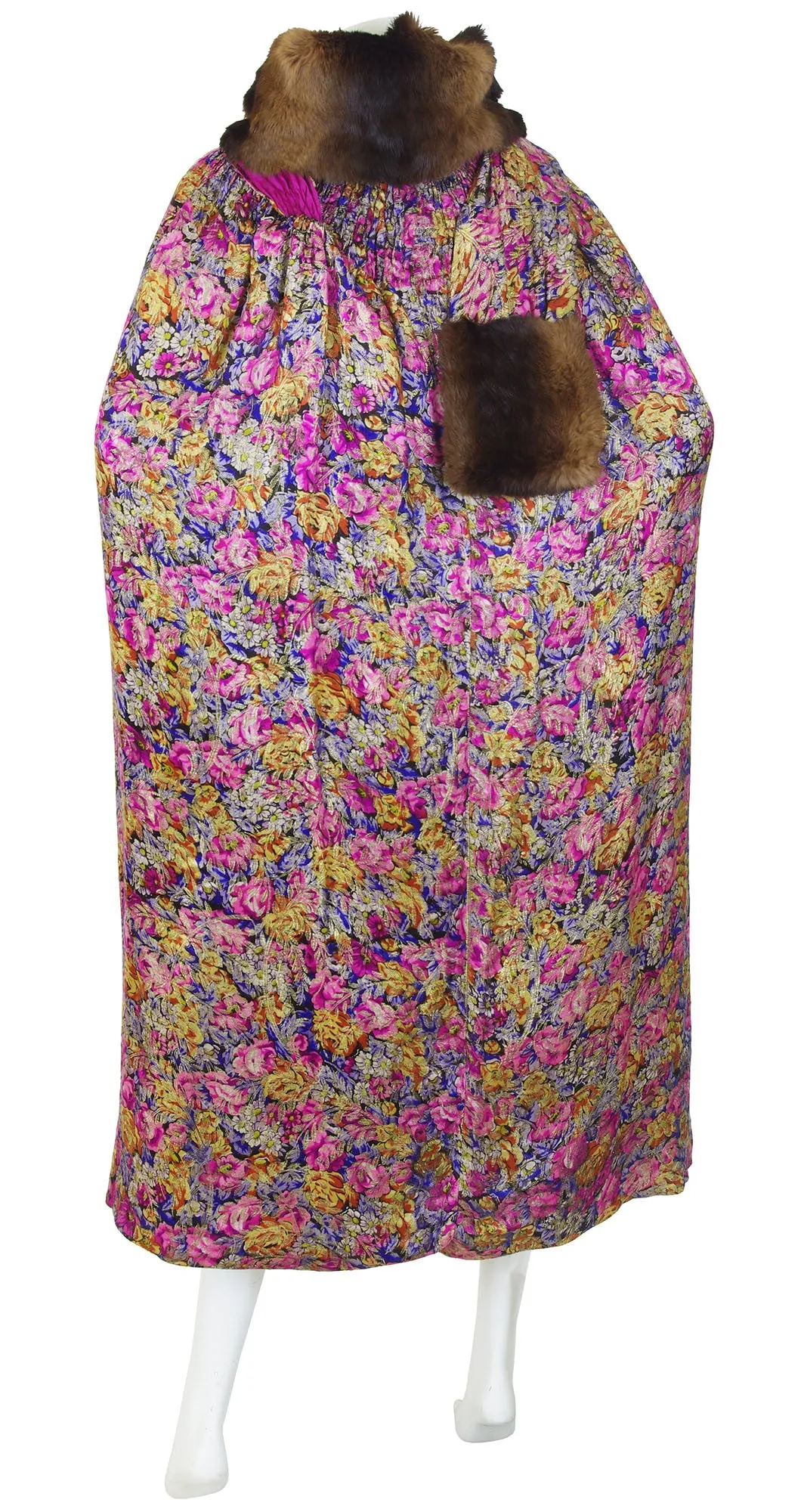1920s Floral Silk Lamé & Pink Velvet Fur Collar Opera Cape