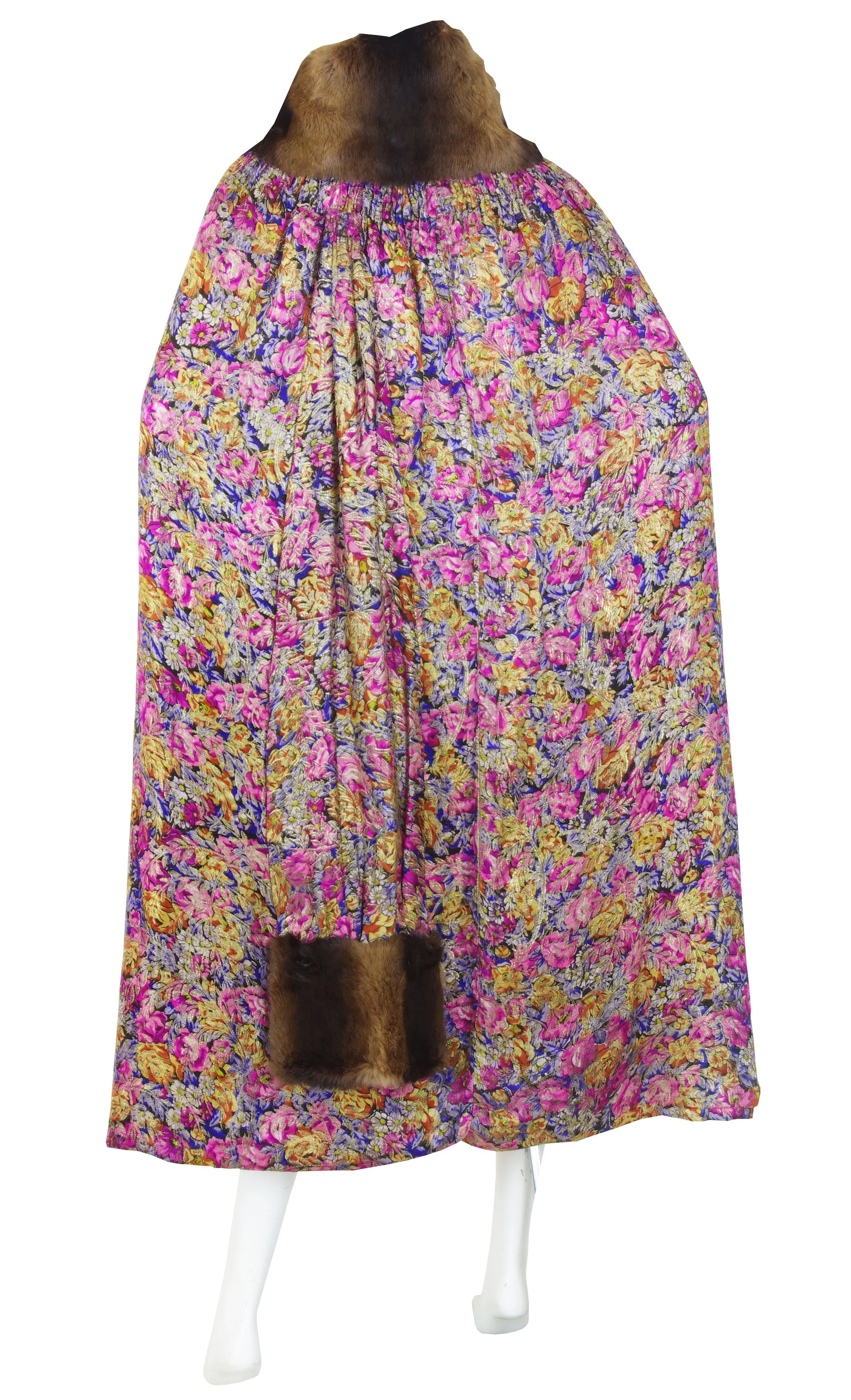 1920s Floral Silk Lamé & Pink Velvet Fur Collar Opera Cape