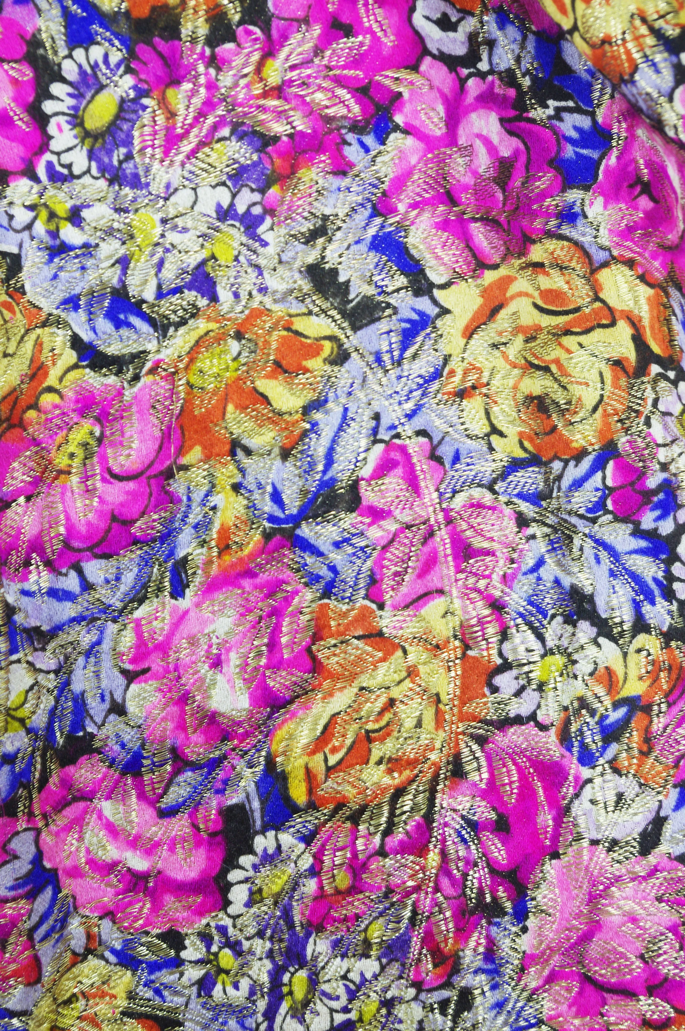 1920s Floral Silk Lamé & Pink Velvet Fur Collar Opera Cape