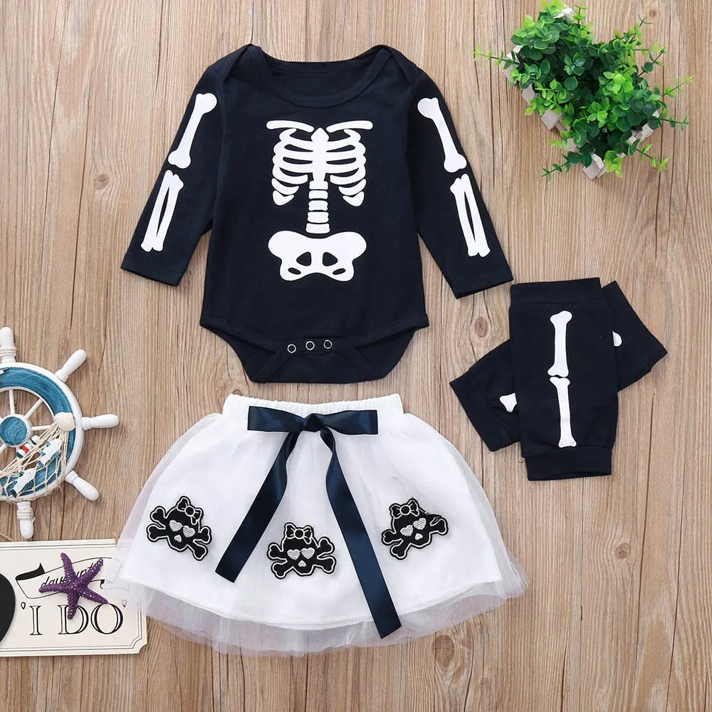 4PCS Baby Girls Skull Newborn Romper Tutu Skirt with Leggings