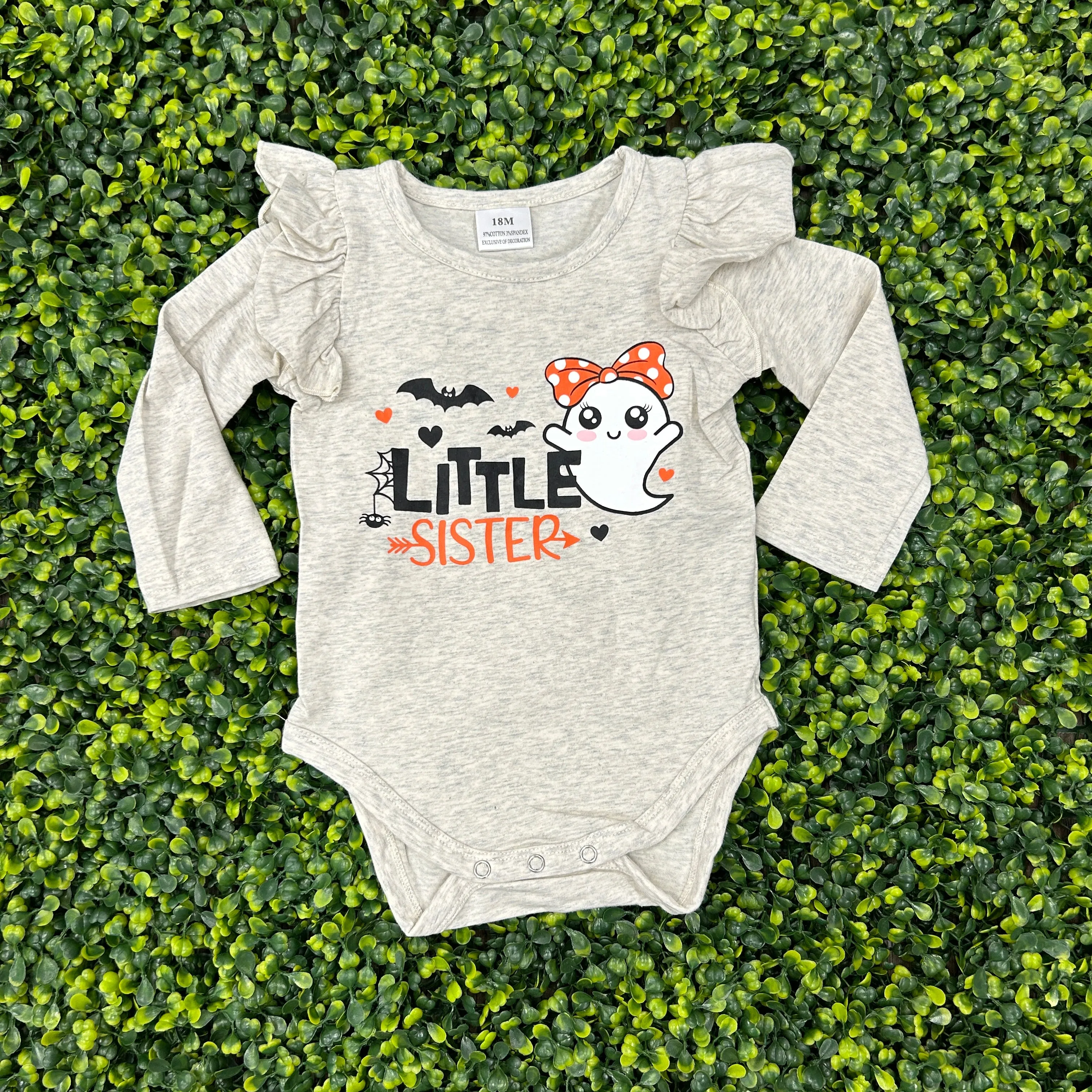 Abby and Evie Grey Ghost "Little Sister" Ruffle Baby Romper