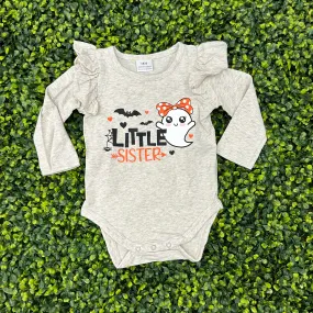 Abby and Evie Grey Ghost "Little Sister" Ruffle Baby Romper