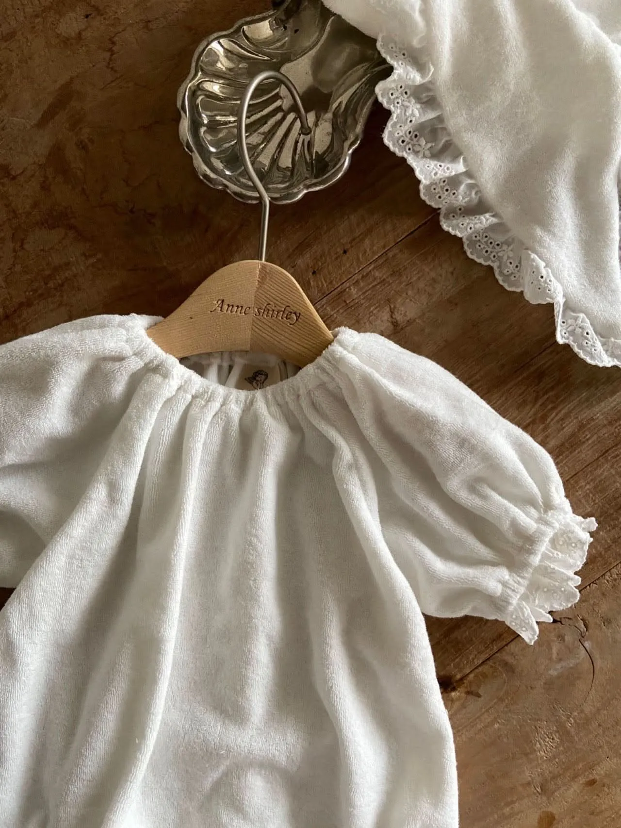 Baby Ann Short Puff Sleeve Terry Cloth Romper and Lace Bunny Ear Bonnet Set (3-18m) - Ivory