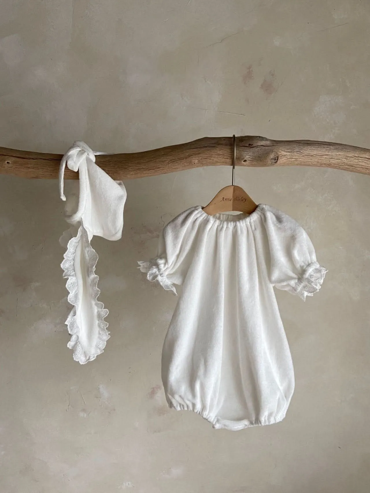 Baby Ann Short Puff Sleeve Terry Cloth Romper and Lace Bunny Ear Bonnet Set (3-18m) - Ivory