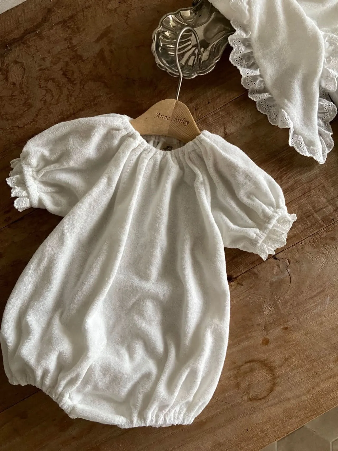 Baby Ann Short Puff Sleeve Terry Cloth Romper and Lace Bunny Ear Bonnet Set (3-18m) - Ivory