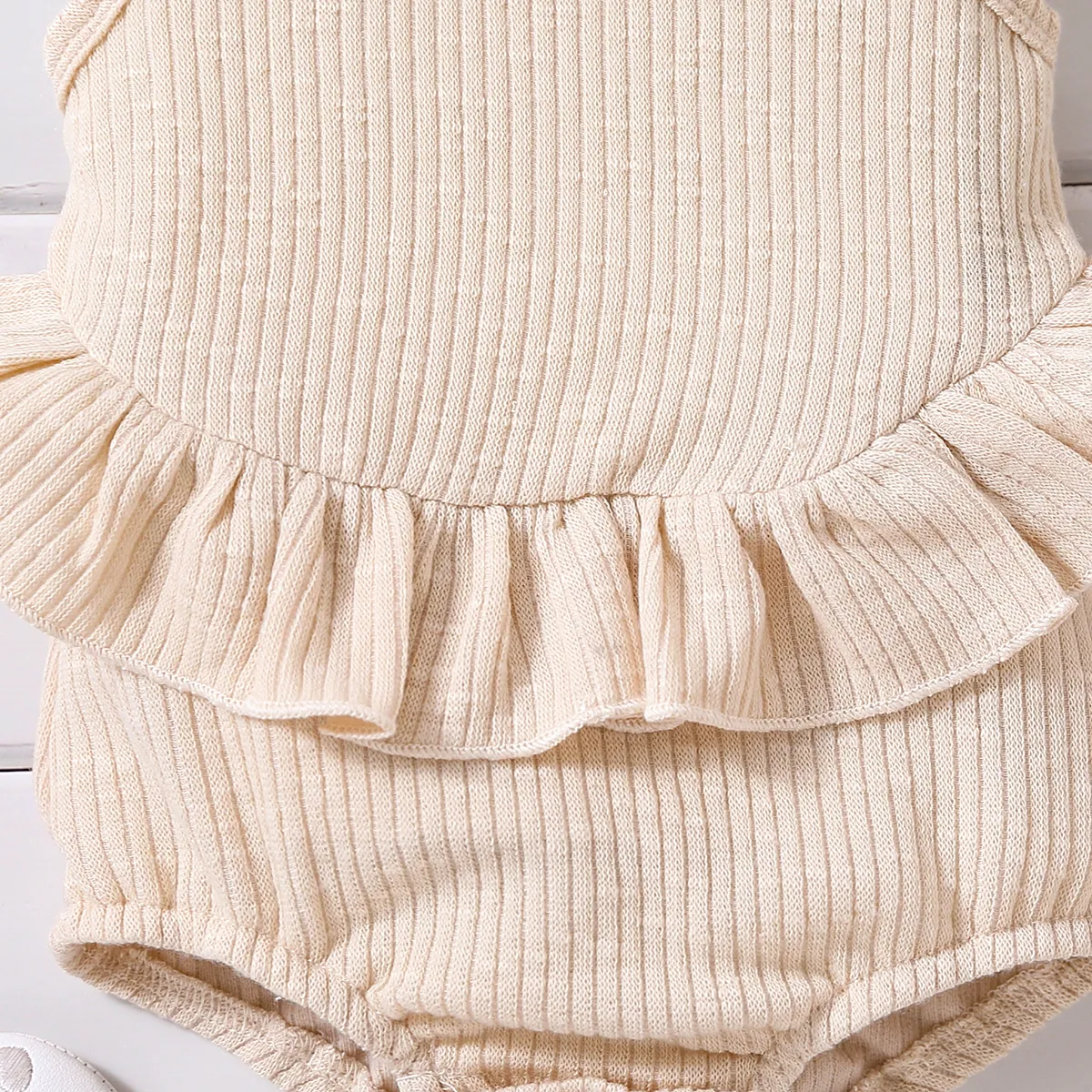 Baby Girl Solid Ribbed Ruffle Trim Tank Romper