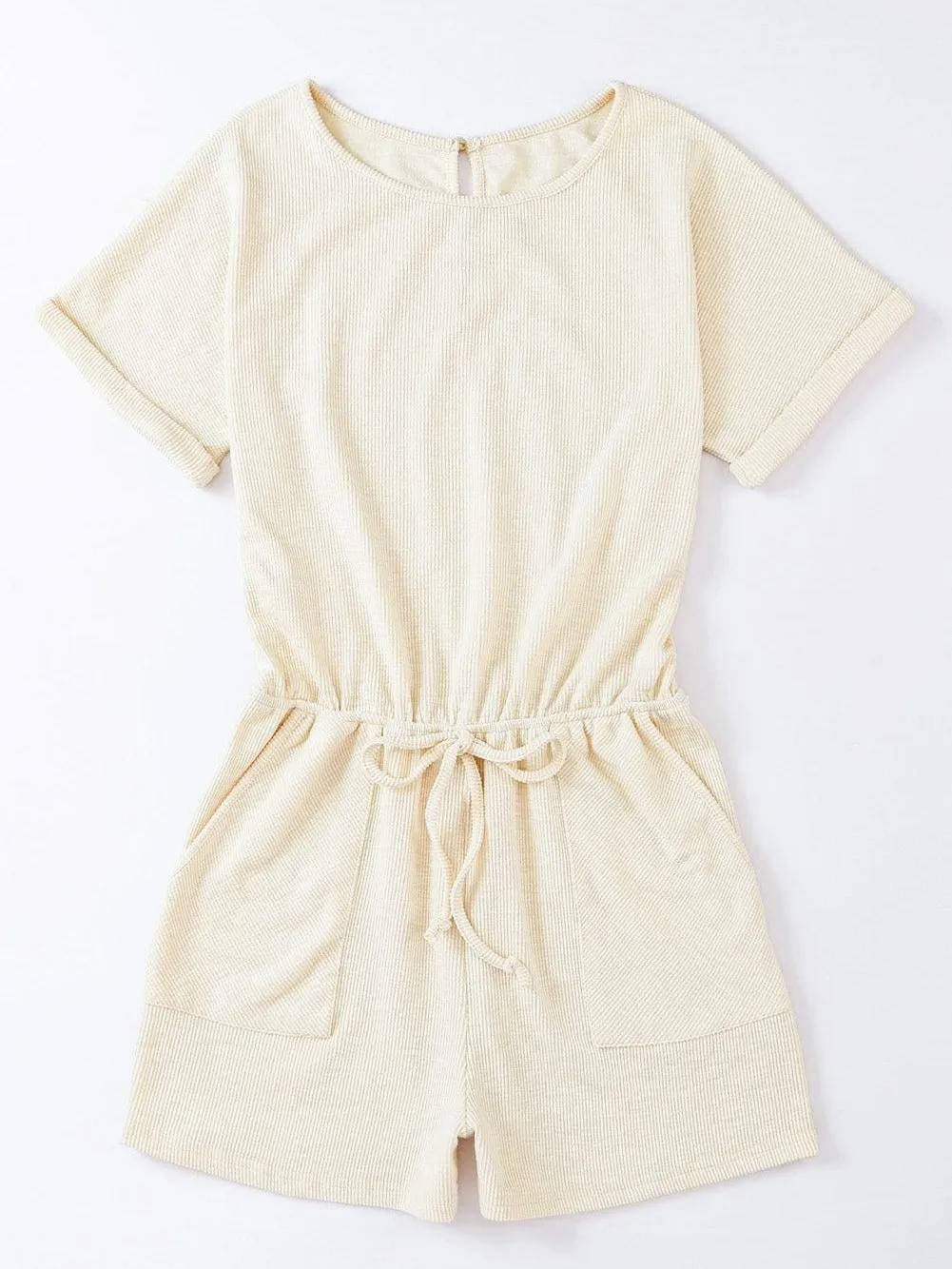 Beige Ribbed Drawstring Romper with Pockets