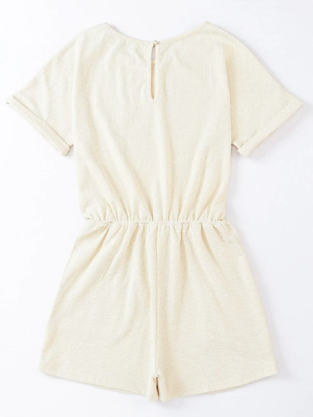 Beige Ribbed Drawstring Romper with Pockets