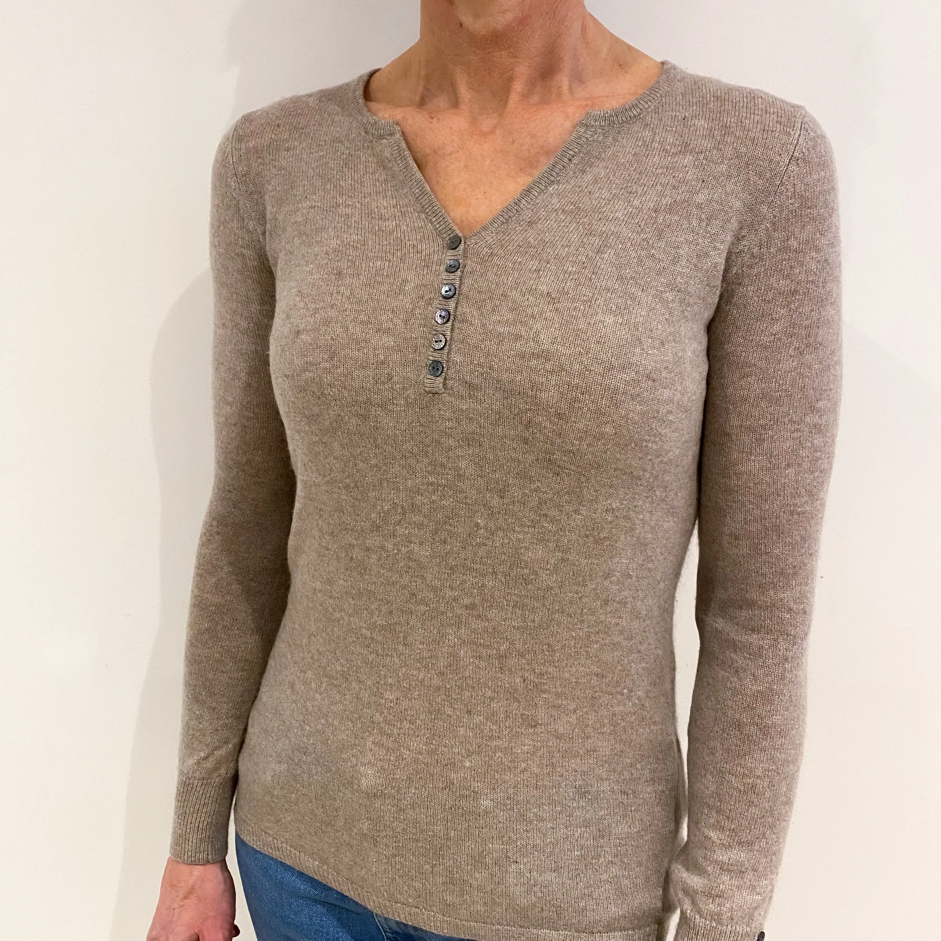 Biscuit Beige Cashmere Buttoned V Neck Jumper Small