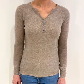 Biscuit Beige Cashmere Buttoned V Neck Jumper Small