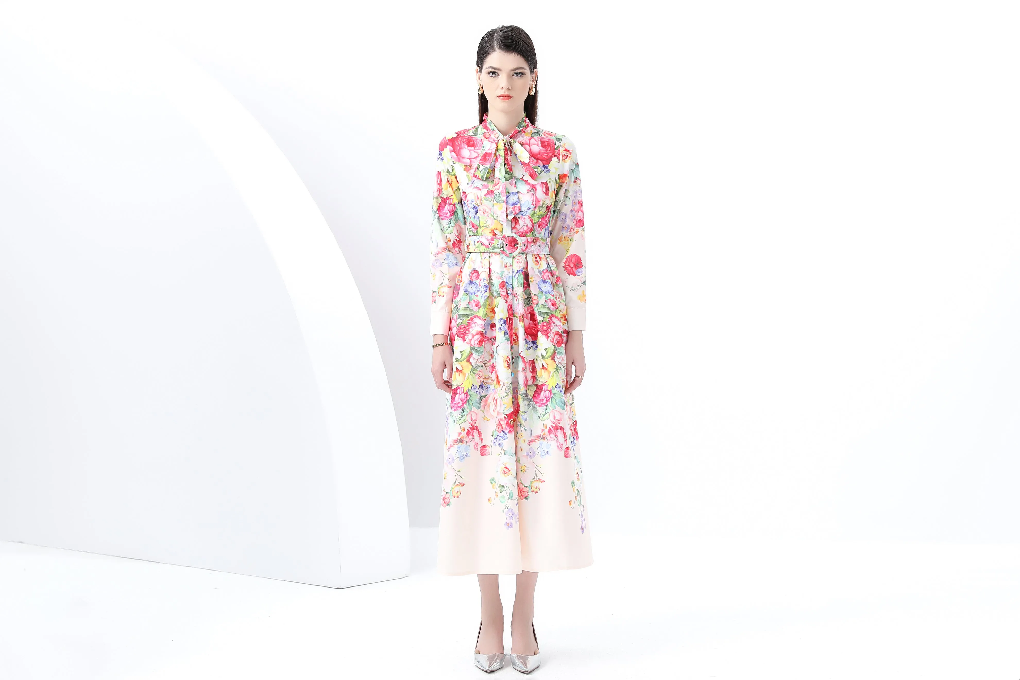 BK-Floral print Tie Neck Maxi Dress