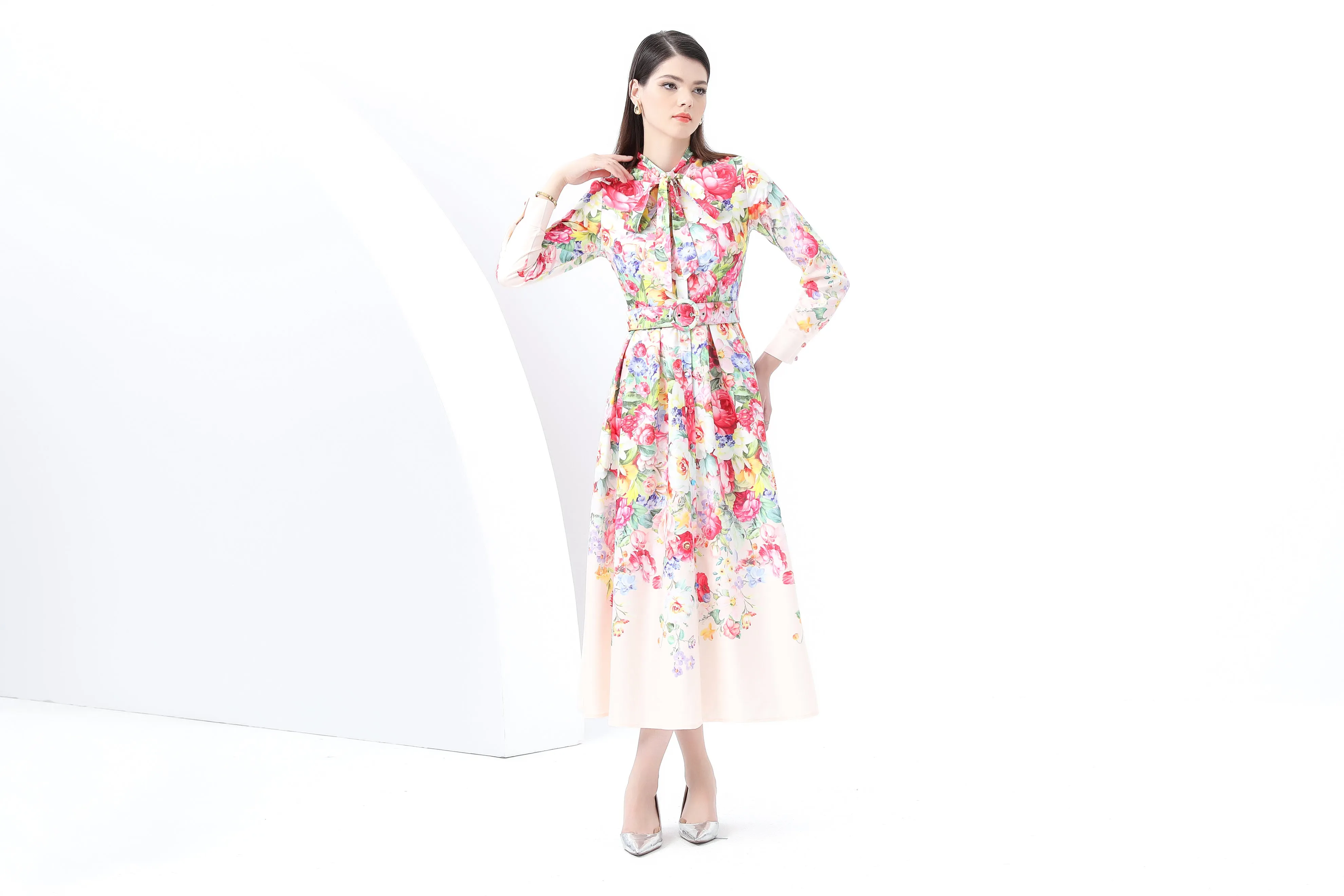 BK-Floral print Tie Neck Maxi Dress