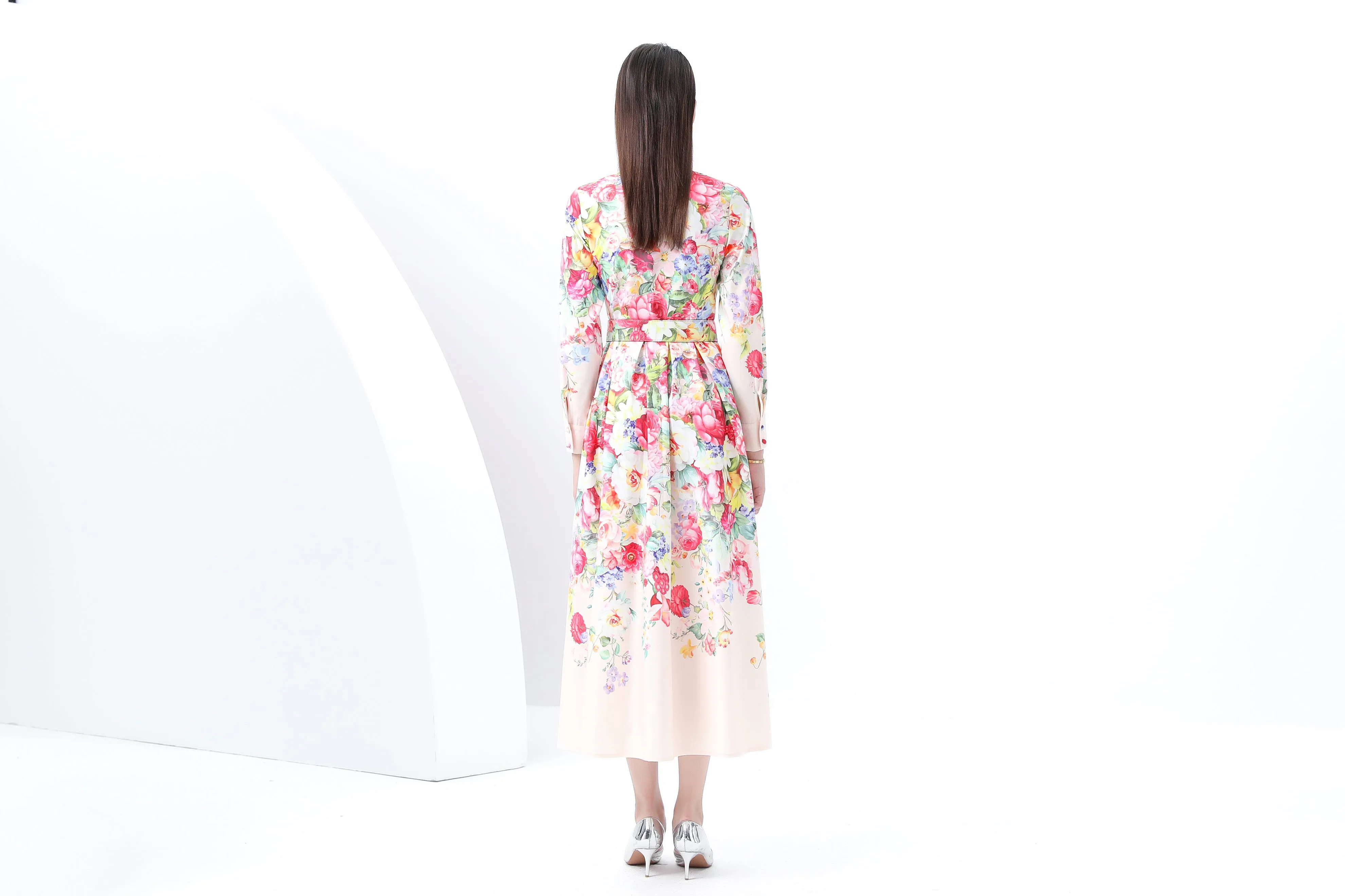 BK-Floral print Tie Neck Maxi Dress