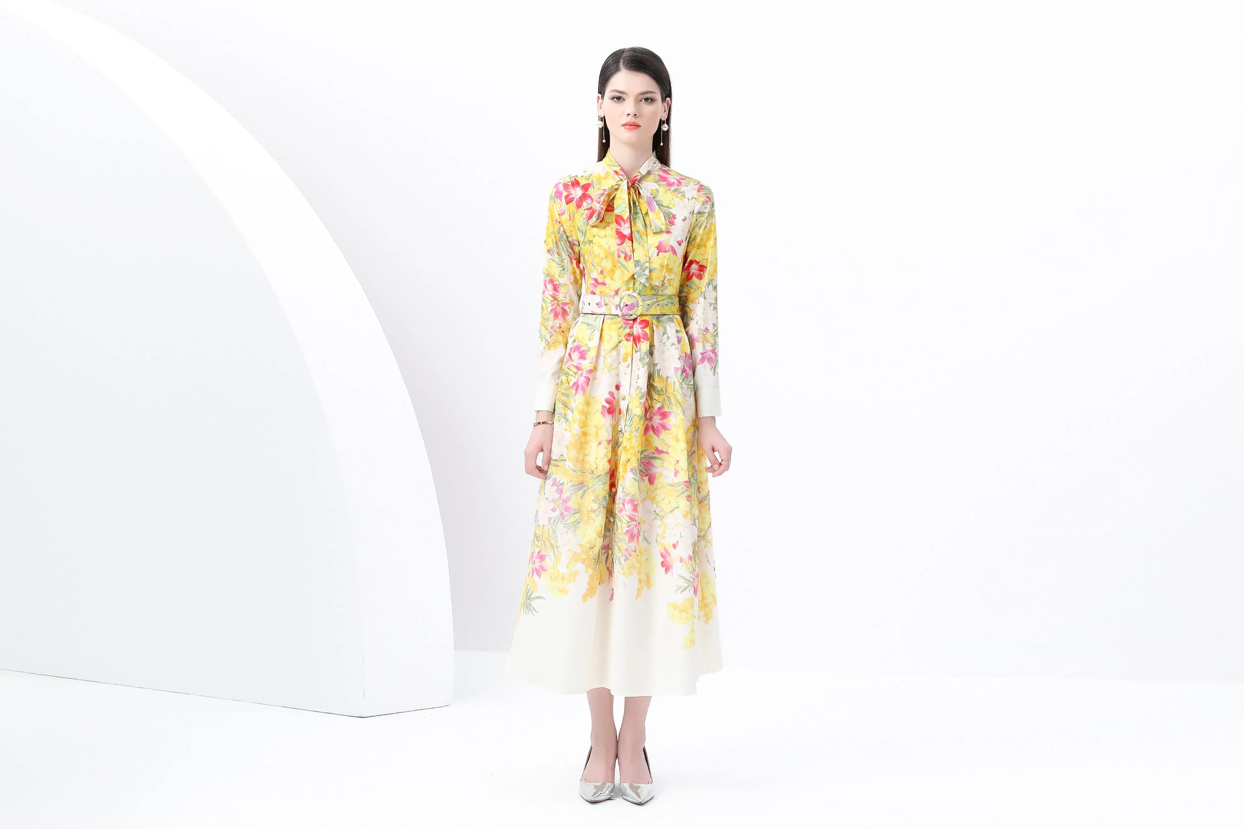 BK-Floral print Tie Neck Maxi Dress