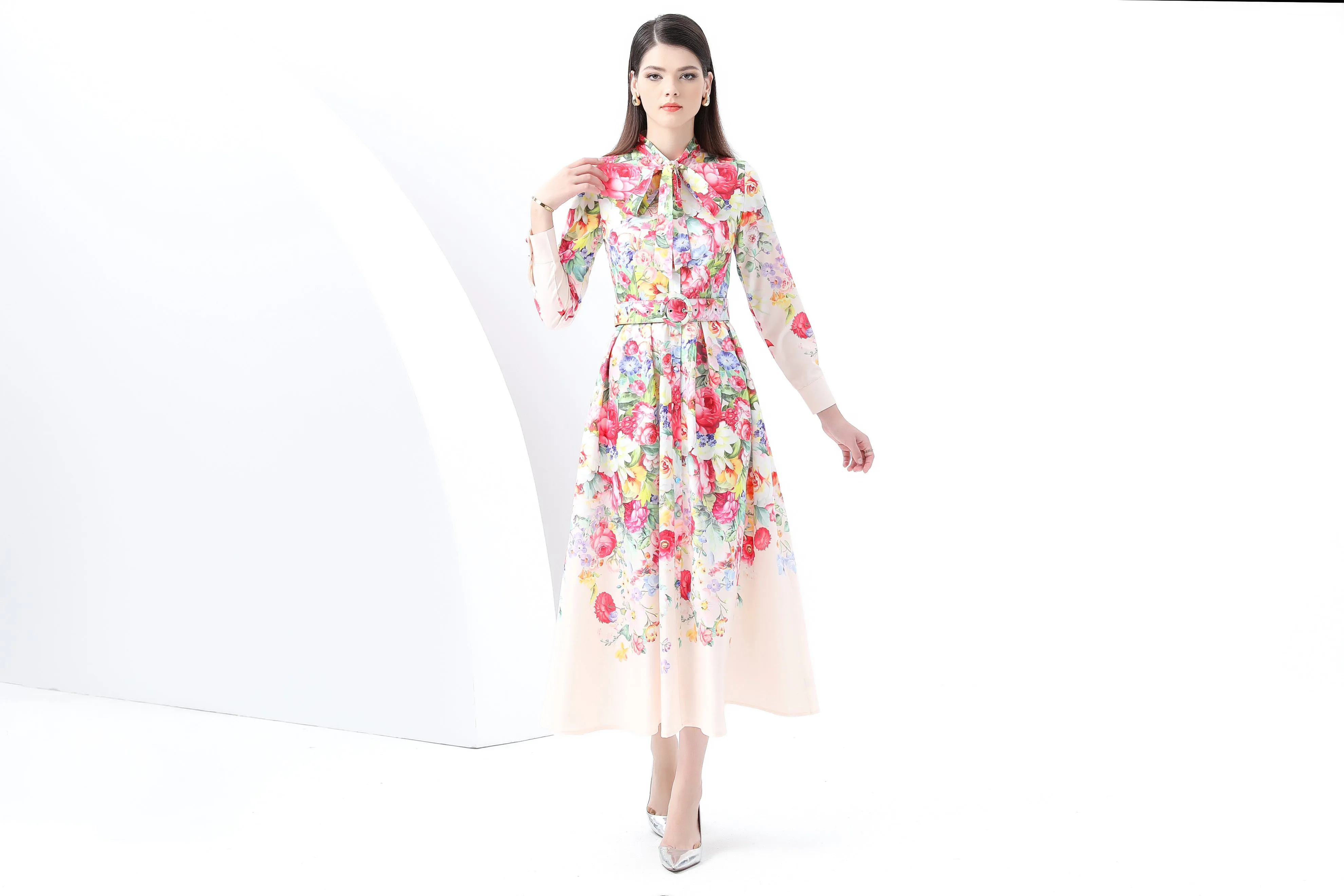 BK-Floral print Tie Neck Maxi Dress