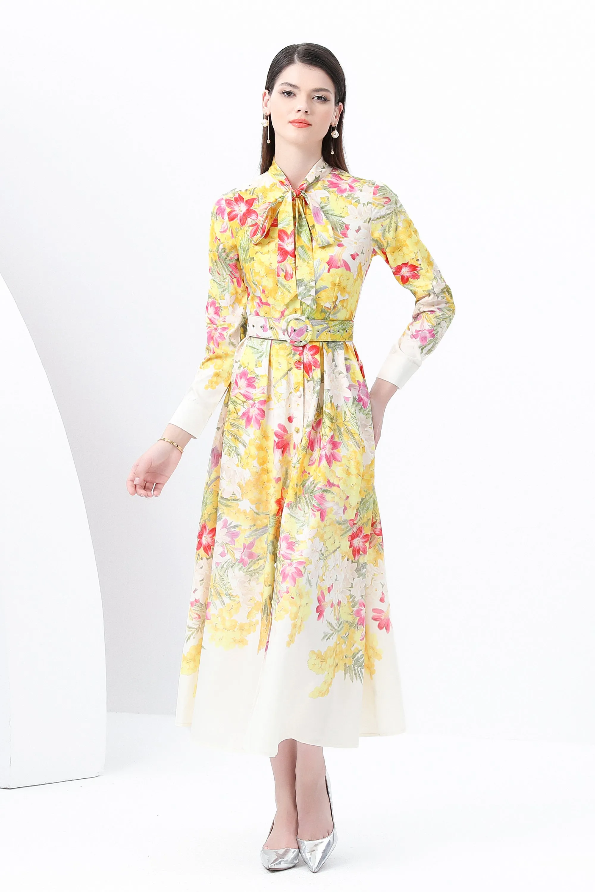 BK-Floral print Tie Neck Maxi Dress
