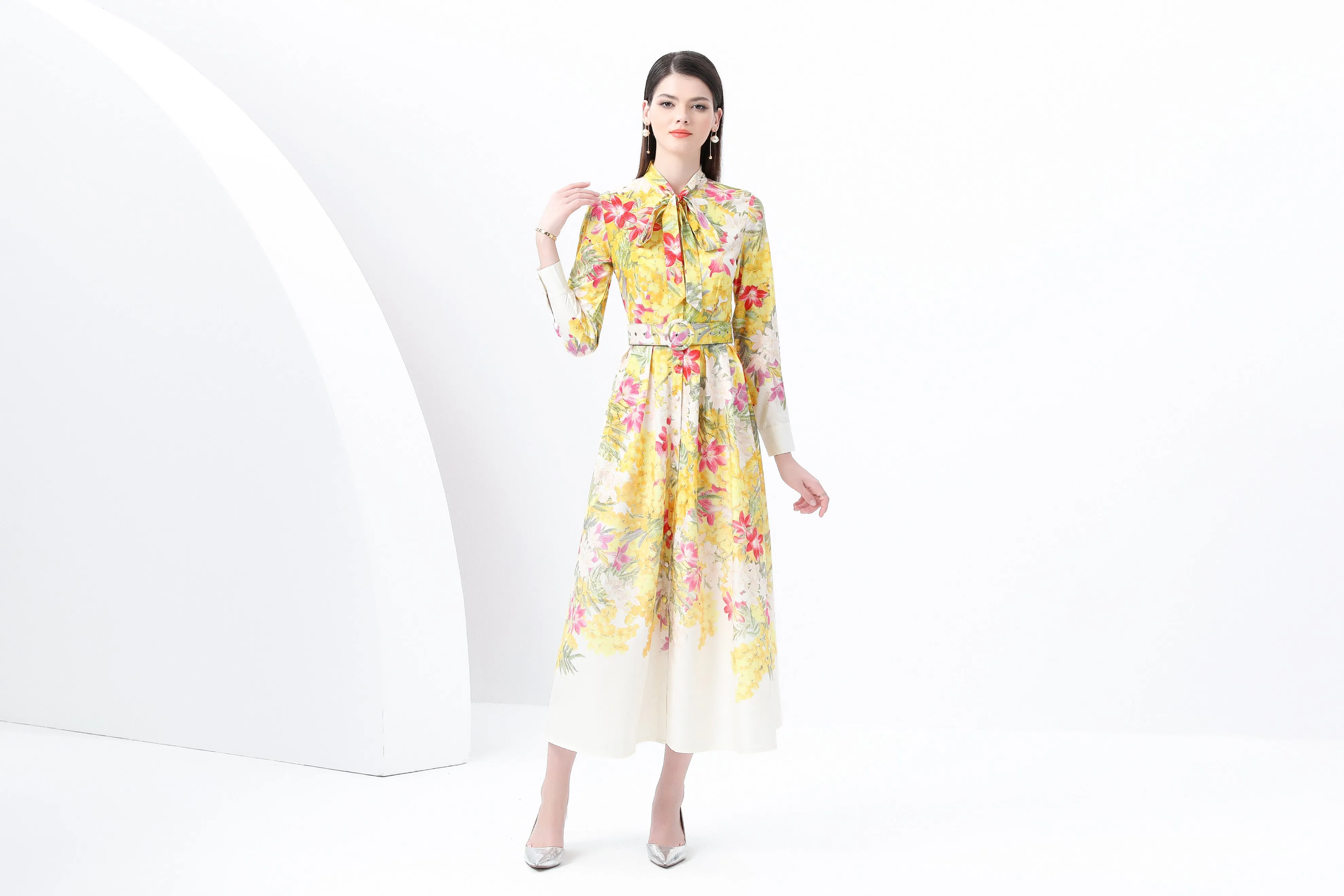BK-Floral print Tie Neck Maxi Dress