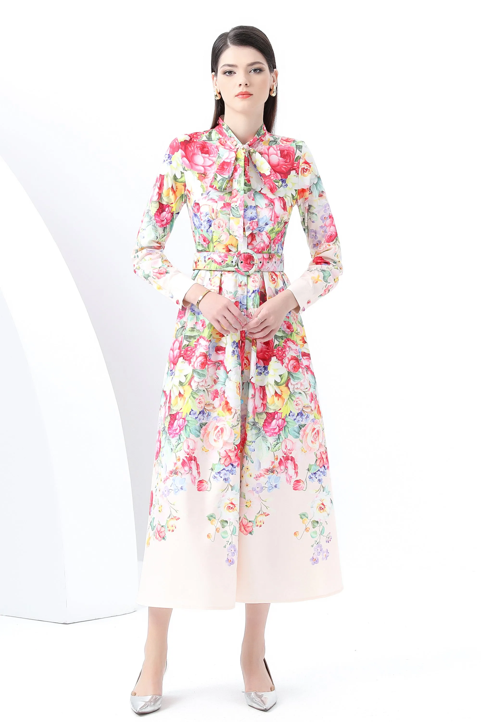 BK-Floral print Tie Neck Maxi Dress