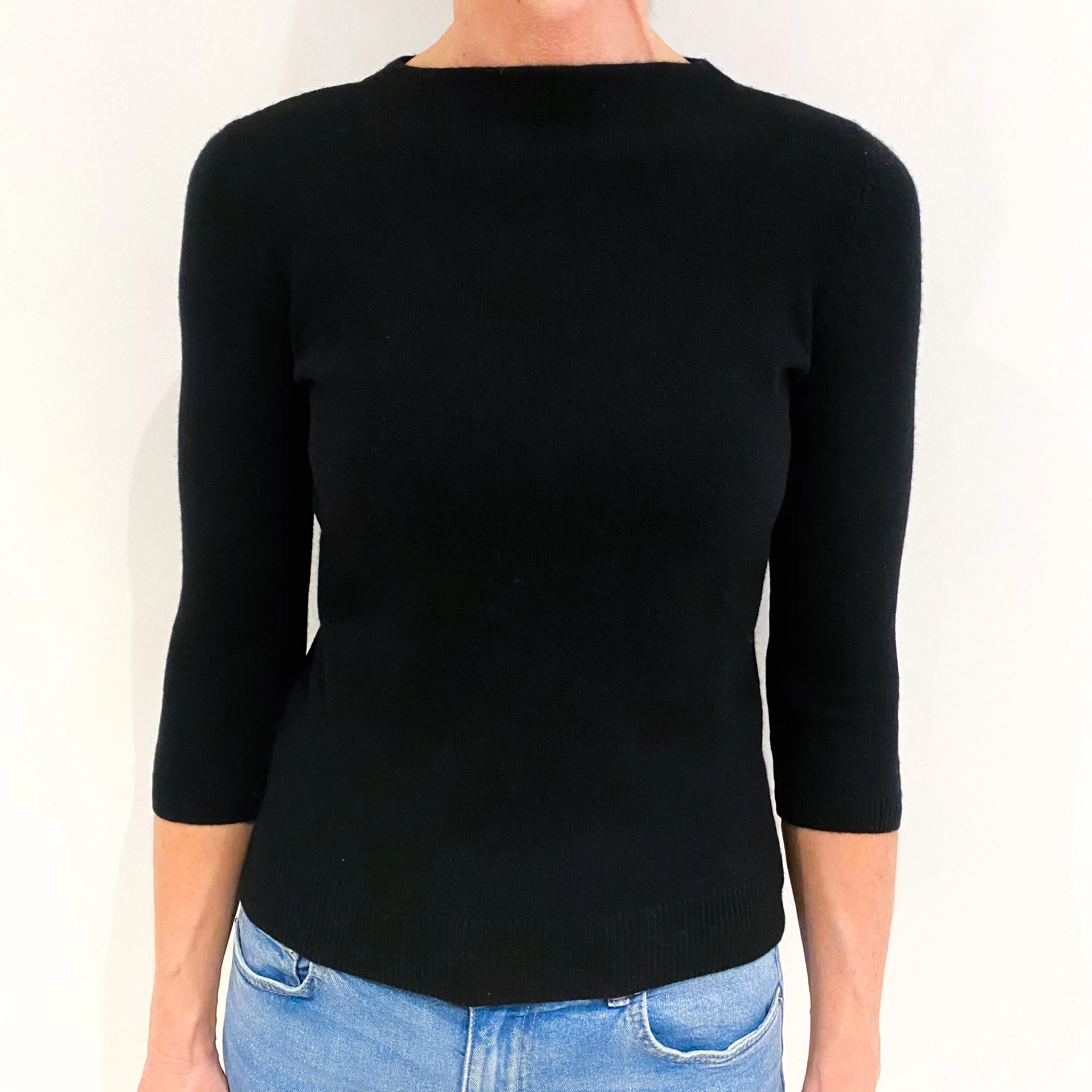 Black Cashmere 3/4 Sleeve High Crew Neck Jumper Small