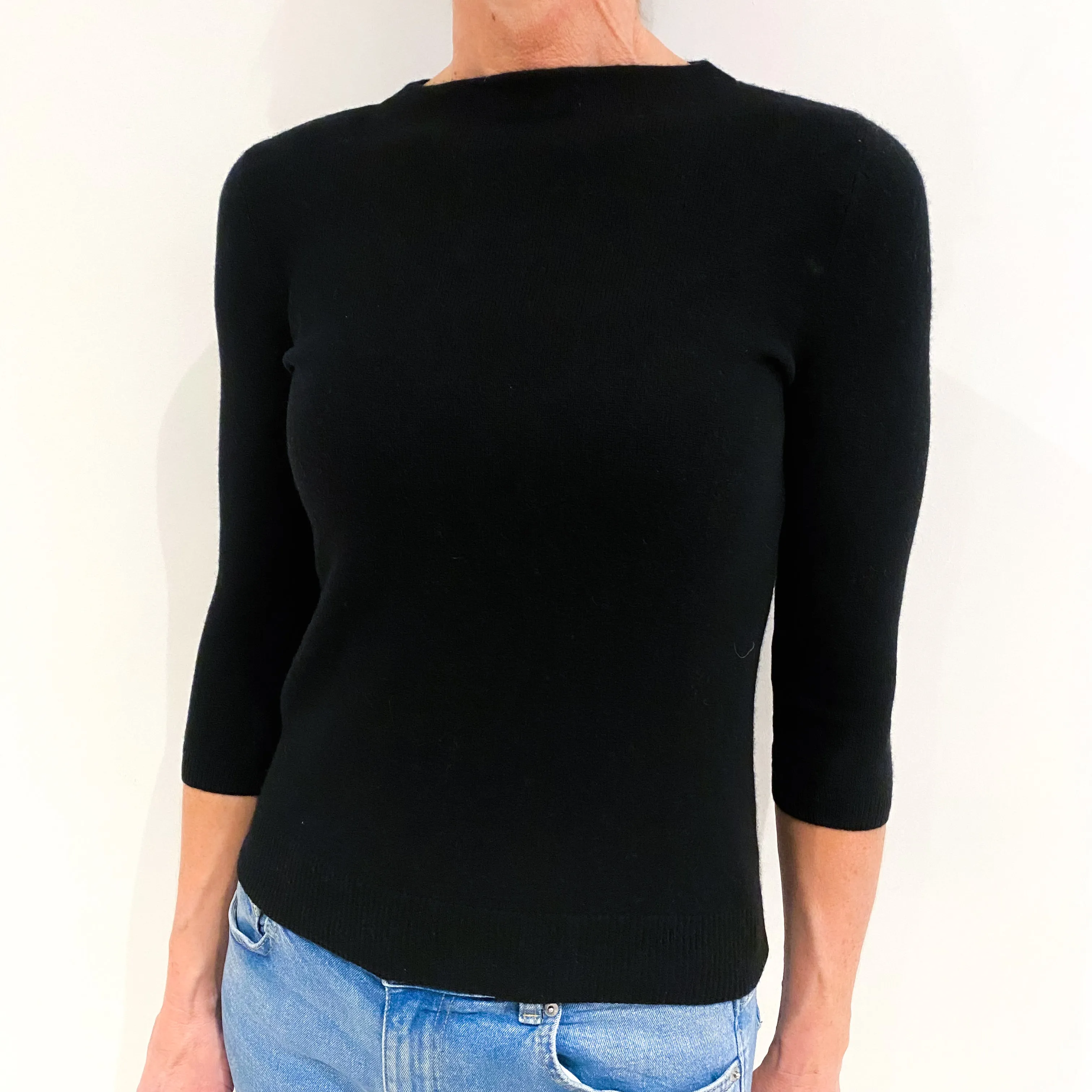 Black Cashmere 3/4 Sleeve High Crew Neck Jumper Small