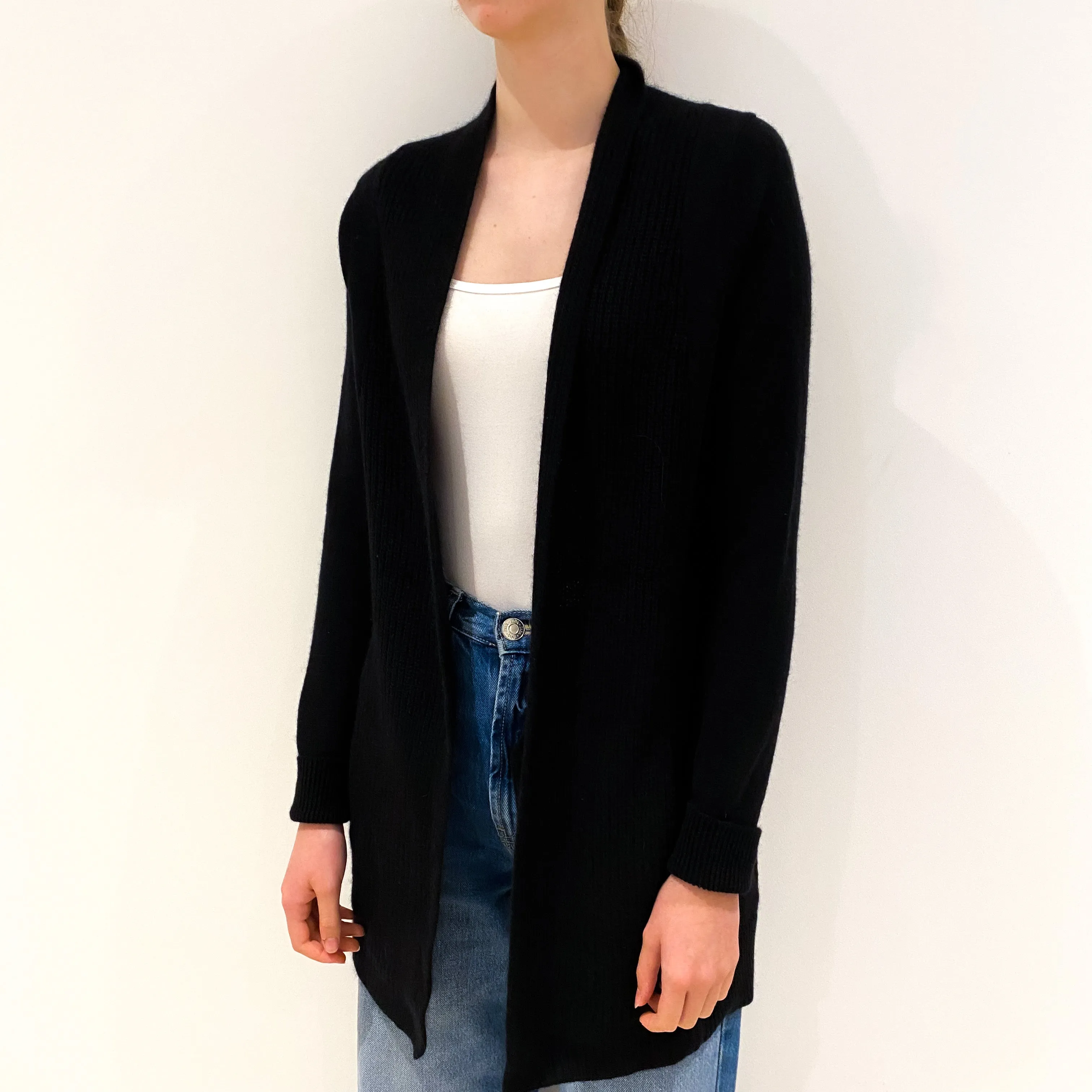 Black Cashmere Edge To Edge Cardigan with Pockets Extra Small