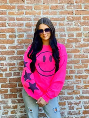Black Glitter Happy Star Sleeve Sweatshirt - Black, Neon Pink or Light Pink