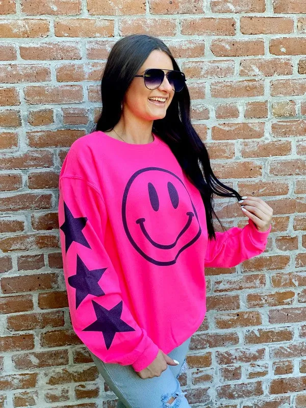 Black Glitter Happy Star Sleeve Sweatshirt - Black, Neon Pink or Light Pink