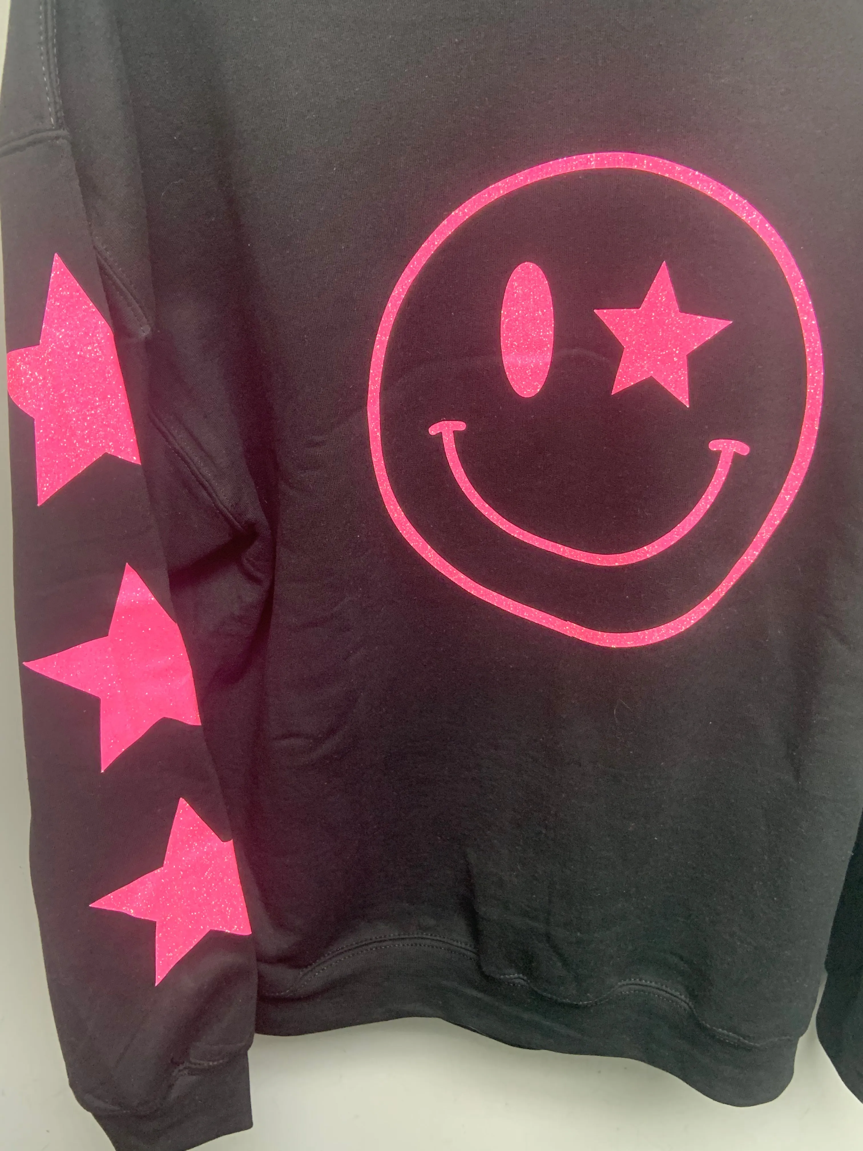 Black Glitter Happy Star Sleeve Sweatshirt - Black, Neon Pink or Light Pink