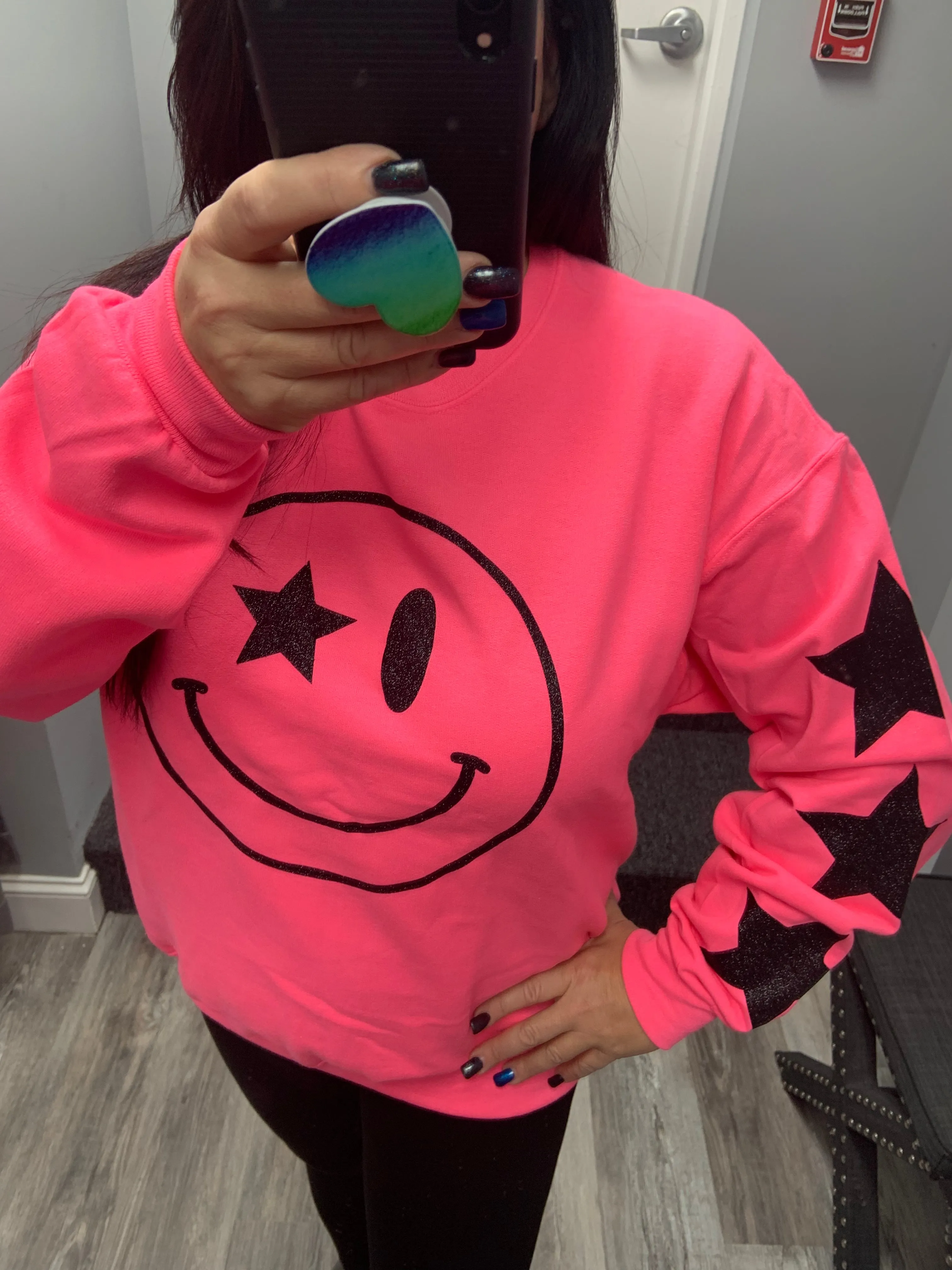 Black Glitter Happy Star Sleeve Sweatshirt - Black, Neon Pink or Light Pink