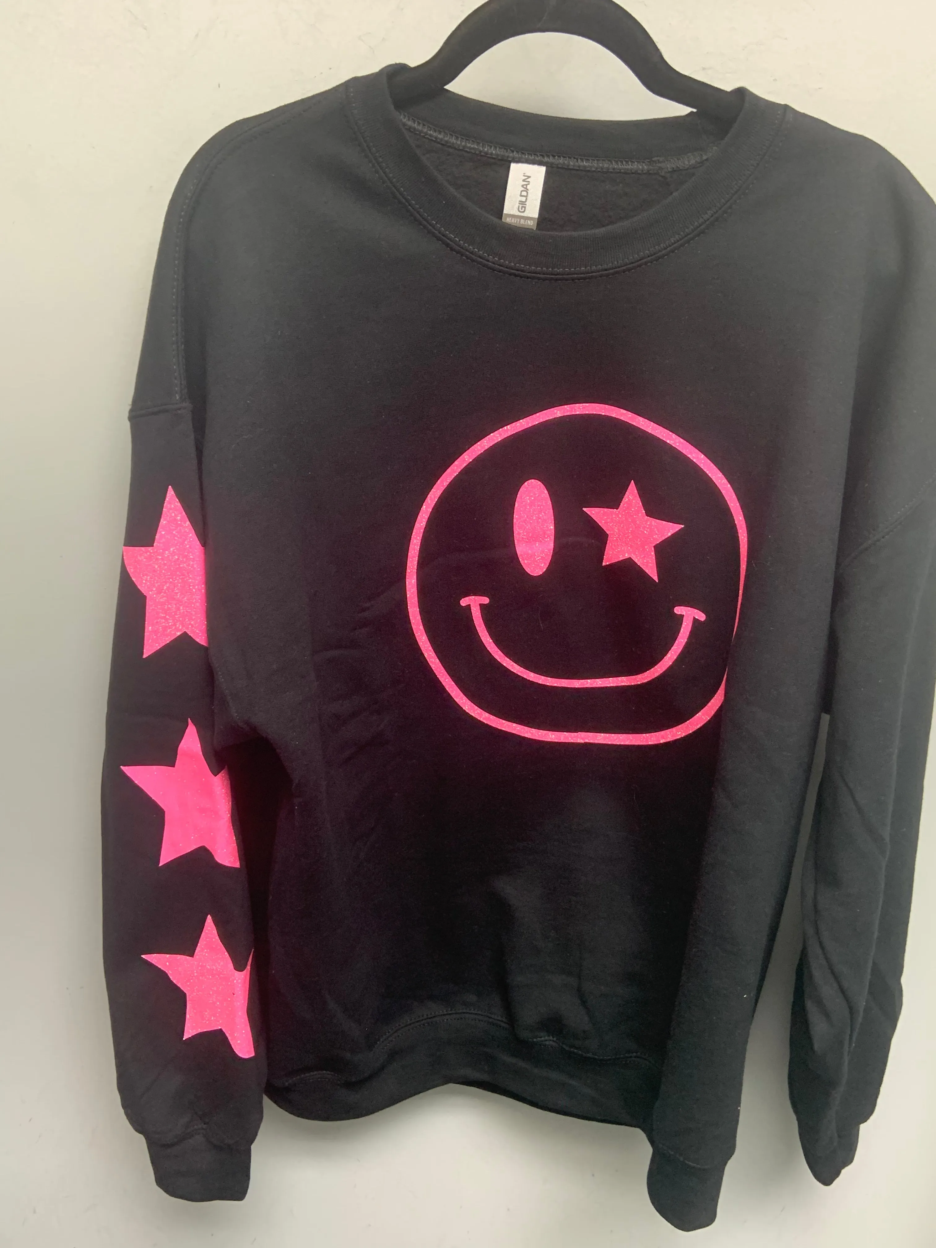 Black Glitter Happy Star Sleeve Sweatshirt - Black, Neon Pink or Light Pink