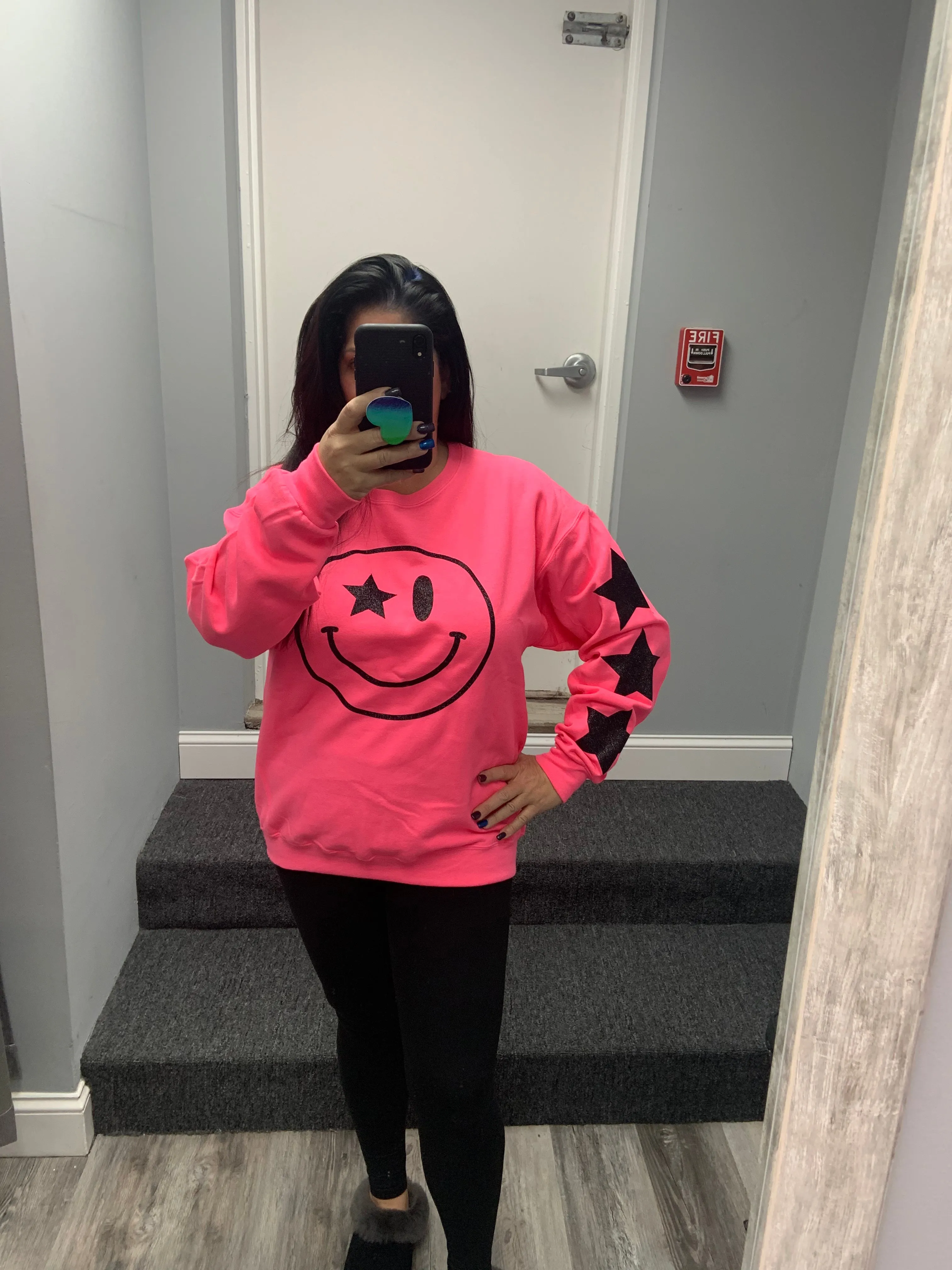 Black Glitter Happy Star Sleeve Sweatshirt - Black, Neon Pink or Light Pink