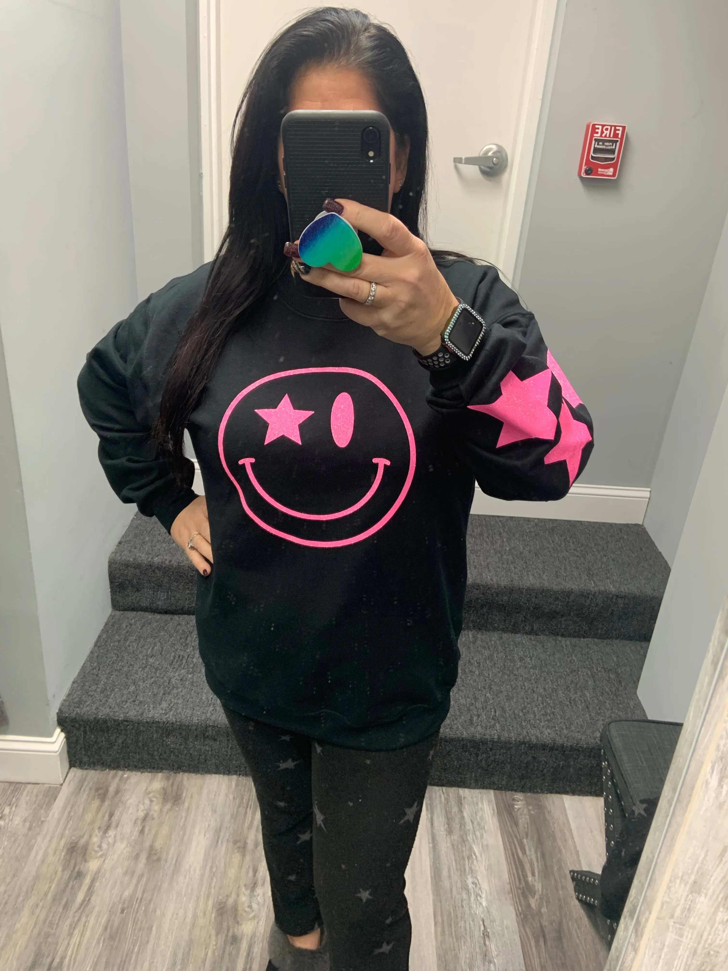 Black Glitter Happy Star Sleeve Sweatshirt - Black, Neon Pink or Light Pink