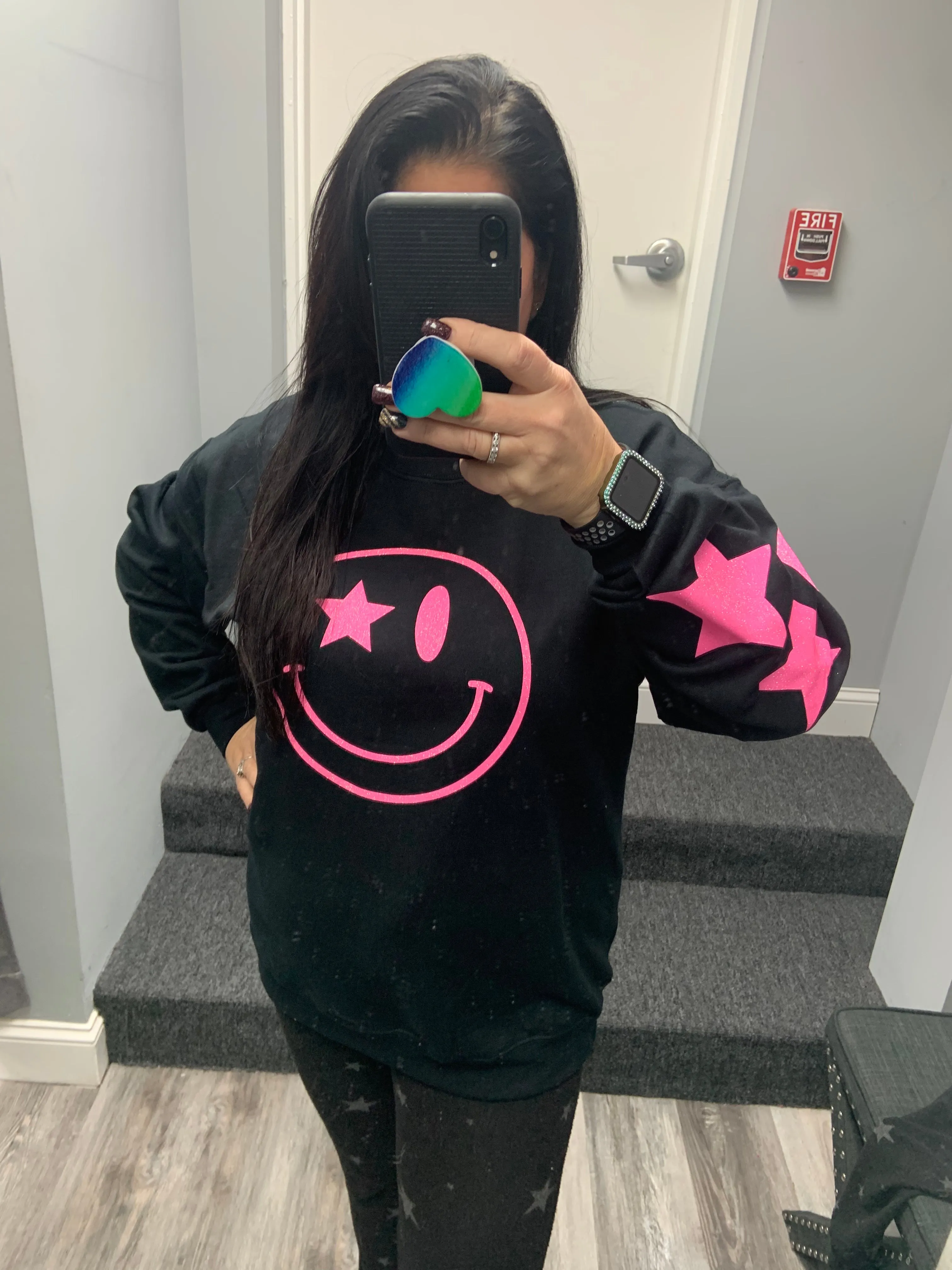 Black Glitter Happy Star Sleeve Sweatshirt - Black, Neon Pink or Light Pink
