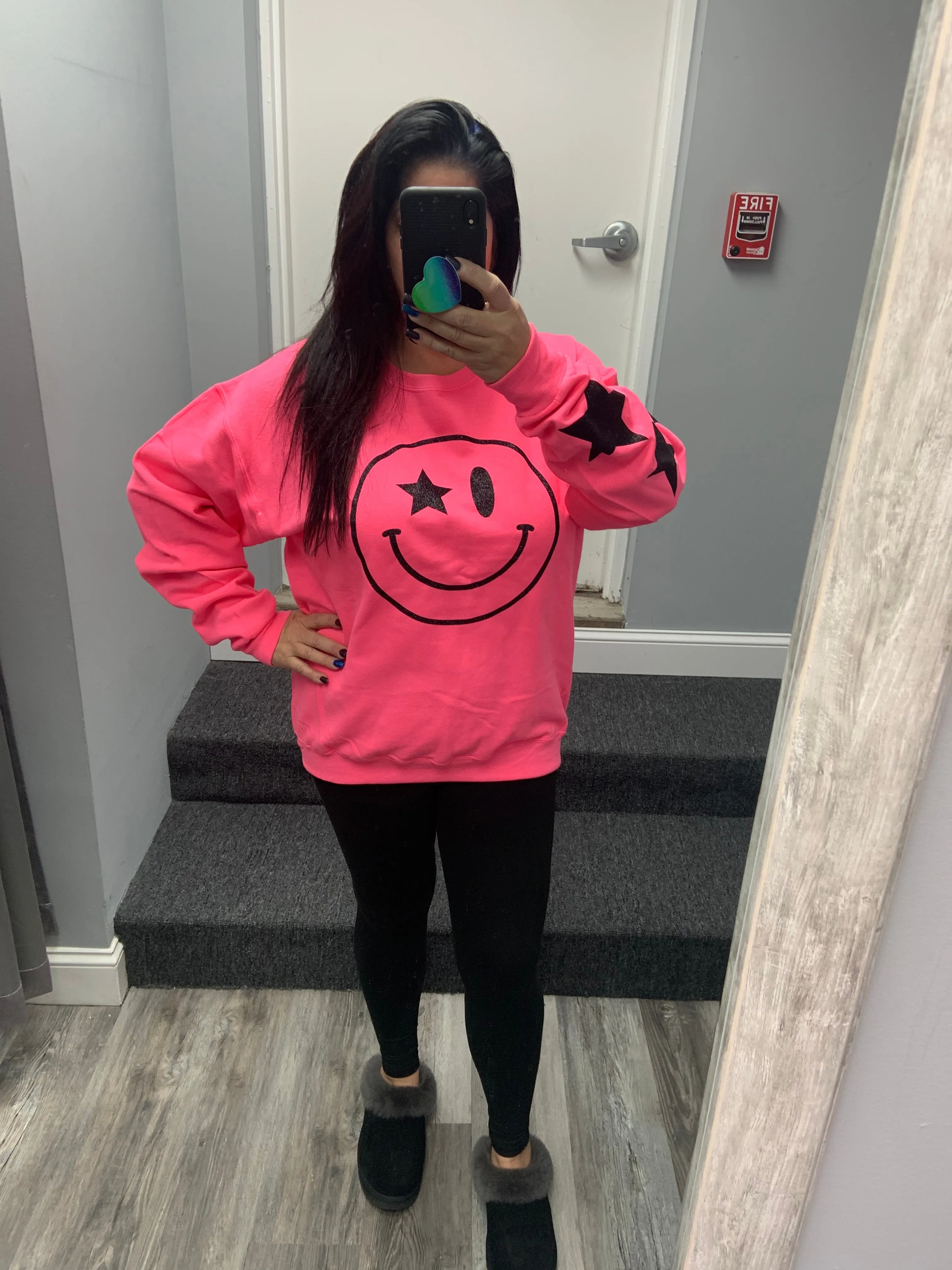 Black Glitter Happy Star Sleeve Sweatshirt - Black, Neon Pink or Light Pink