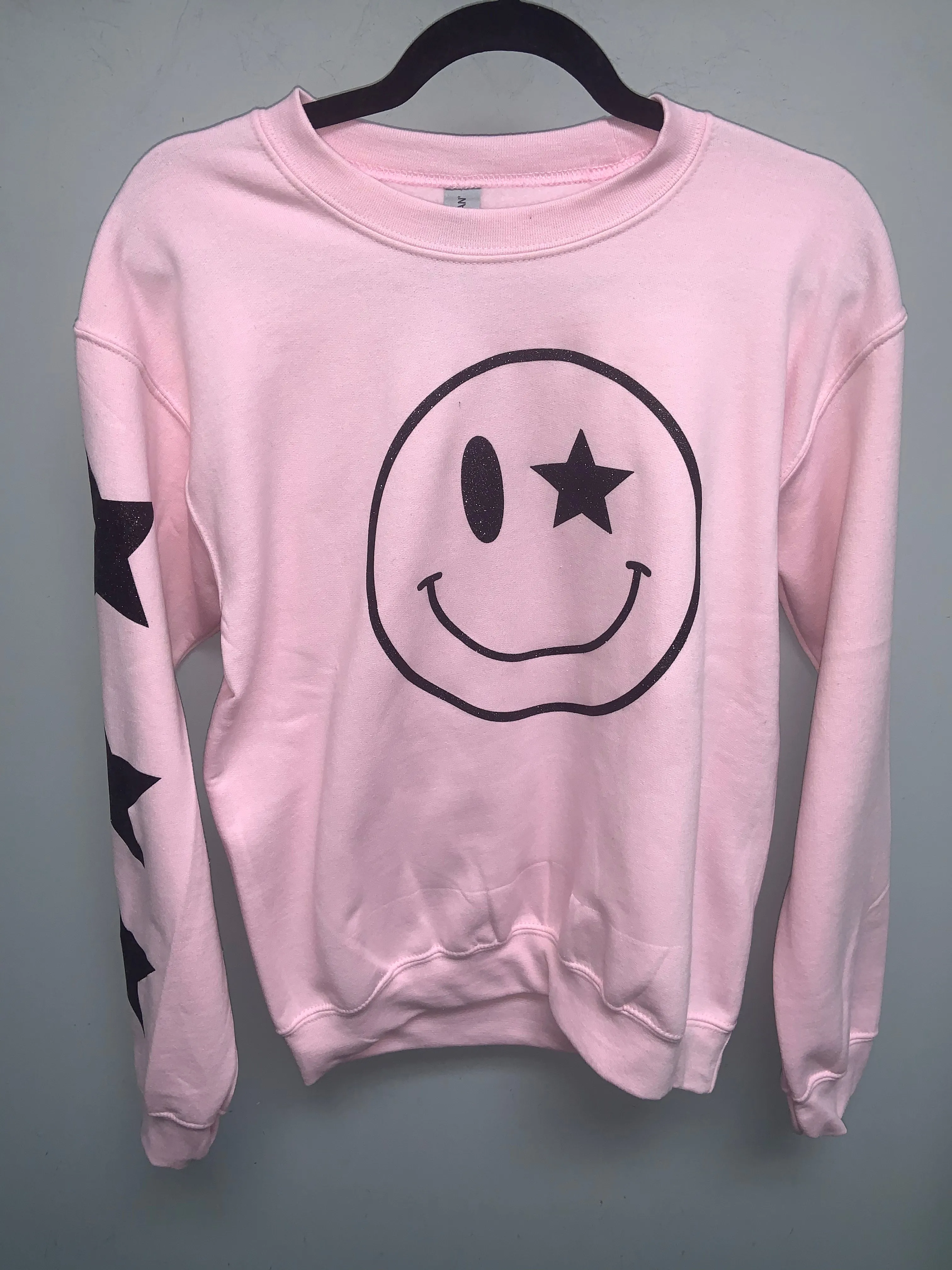 Black Glitter Happy Star Sleeve Sweatshirt - Black, Neon Pink or Light Pink