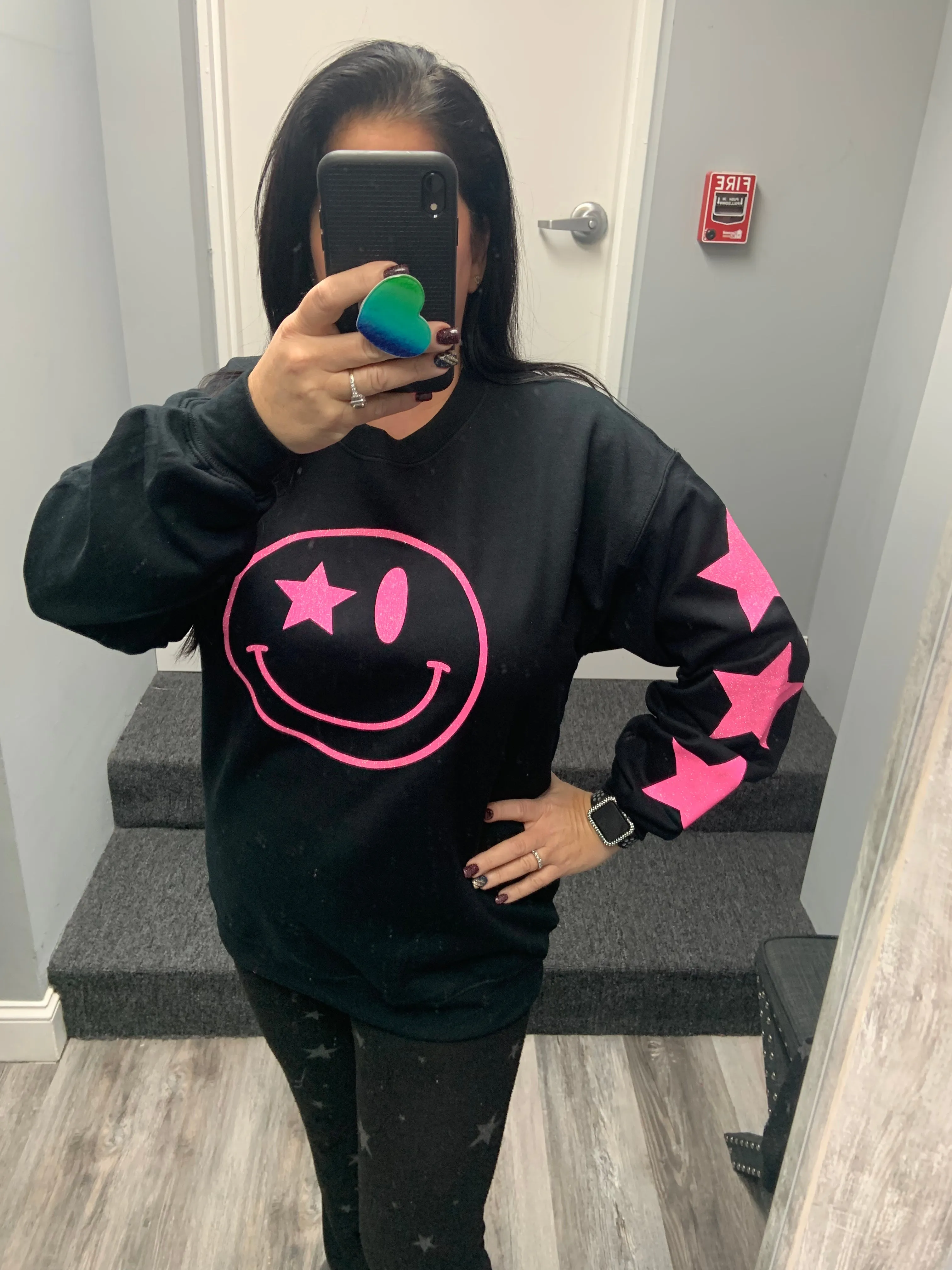 Black Glitter Happy Star Sleeve Sweatshirt - Black, Neon Pink or Light Pink