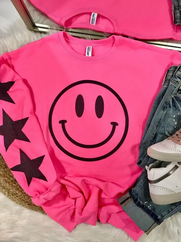 Black Glitter Happy Star Sleeve Sweatshirt - Black, Neon Pink or Light Pink