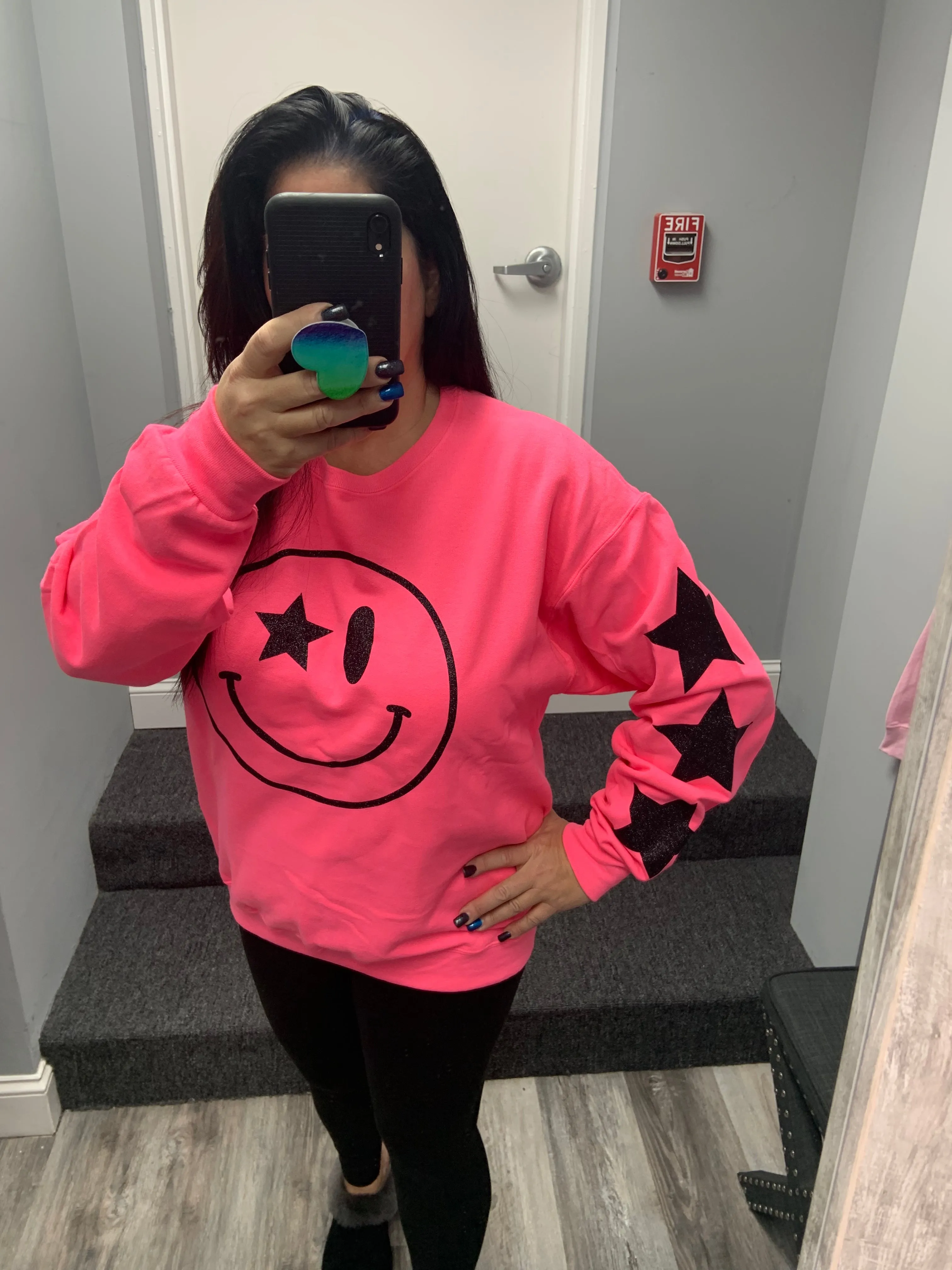 Black Glitter Happy Star Sleeve Sweatshirt - Black, Neon Pink or Light Pink