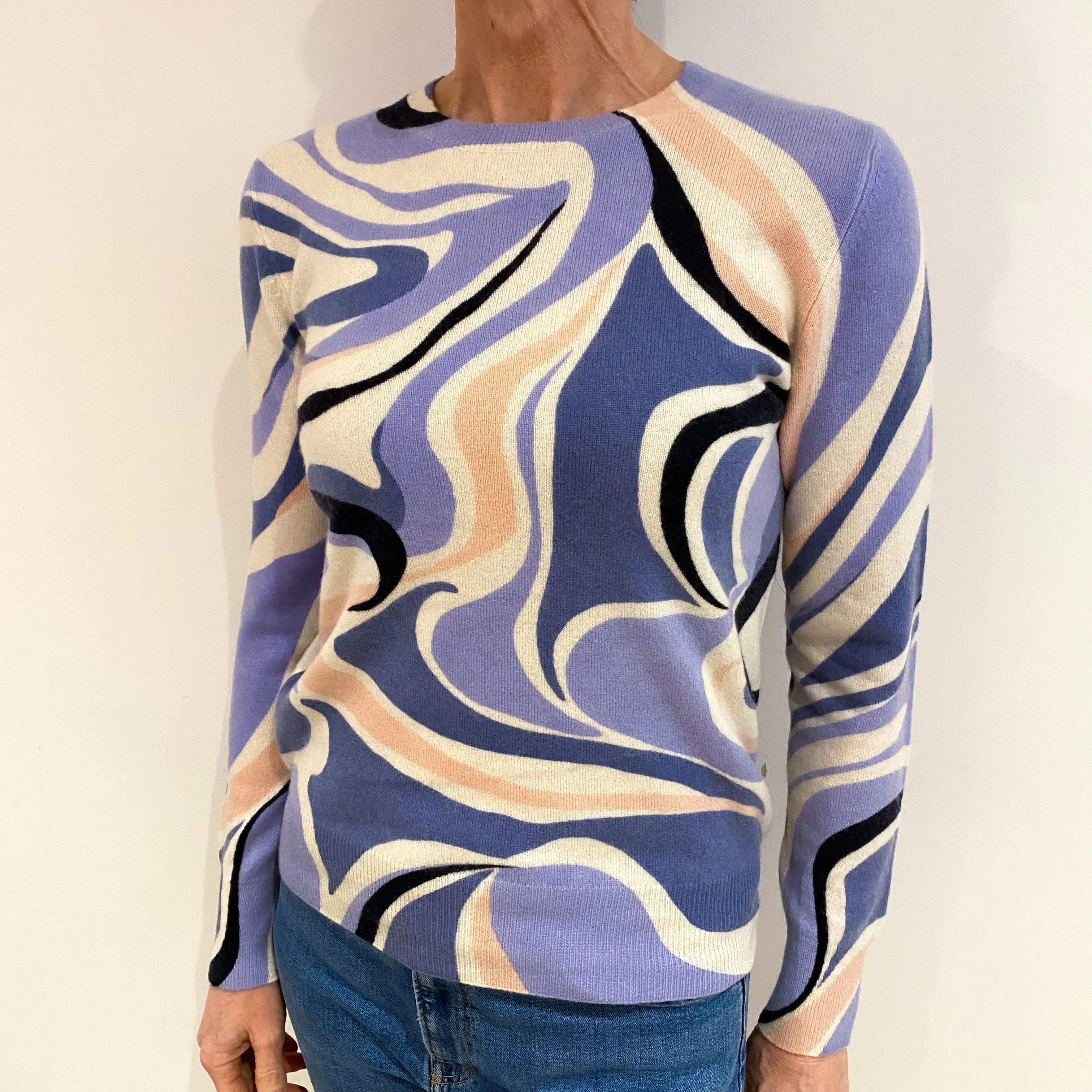 Blue Swirl Patterned Cashmere Crew Neck Jumper Small