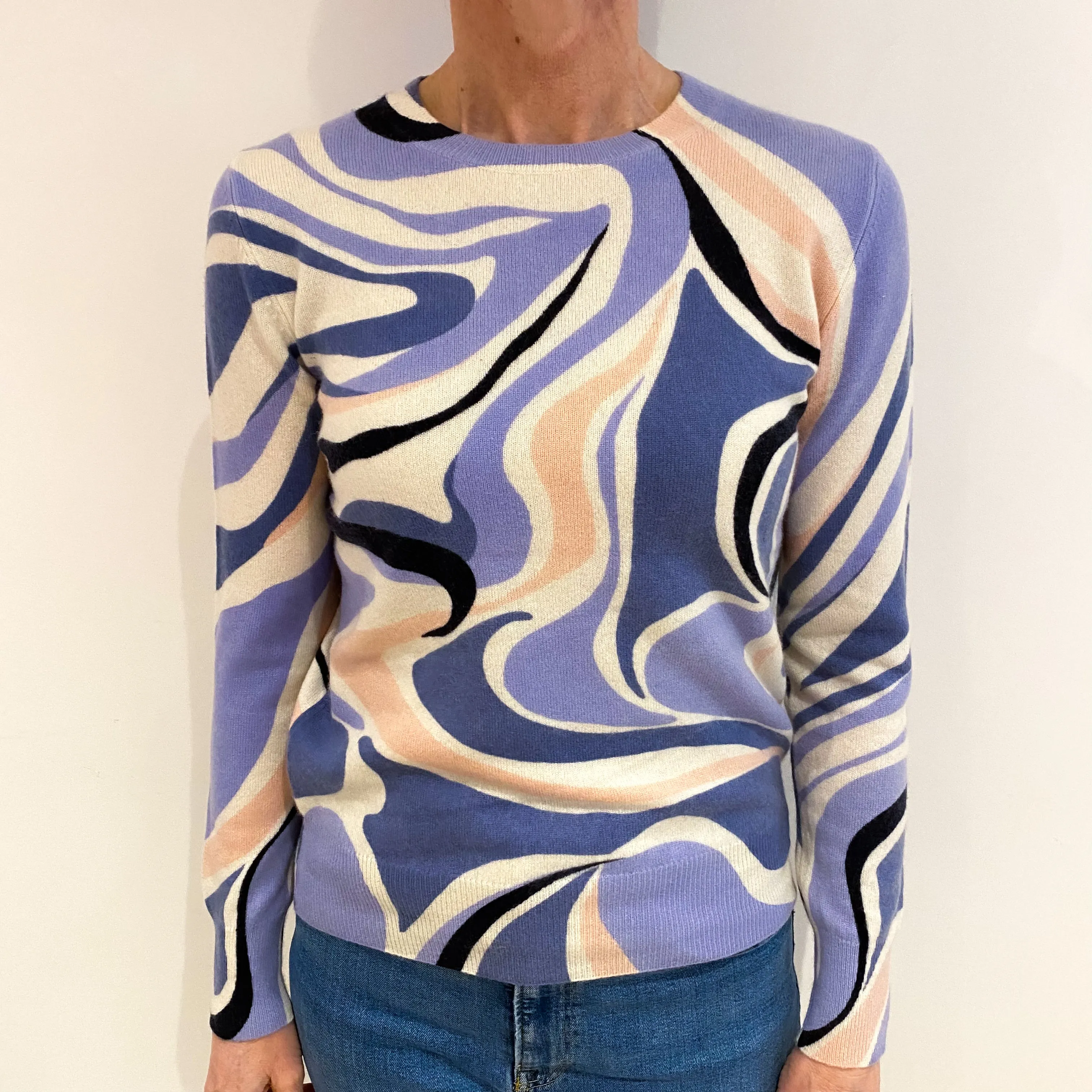 Blue Swirl Patterned Cashmere Crew Neck Jumper Small