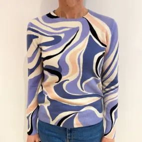 Blue Swirl Patterned Cashmere Crew Neck Jumper Small