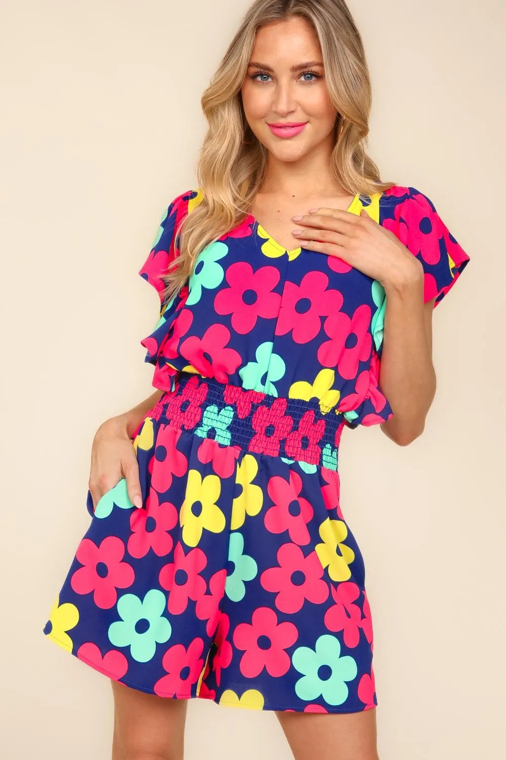 Blue Zone Planet |  Haptics Floral Smocked Waist Romper with Side Pockets