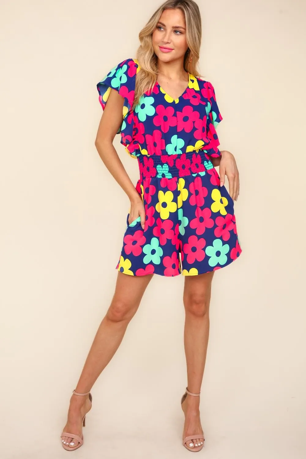 Blue Zone Planet |  Haptics Floral Smocked Waist Romper with Side Pockets