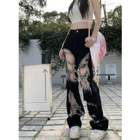 Bonnyshow Y2k Broken Hole Jeans All-Match Distressed Women High Street Hip Hop High Waist Straight Loose Trousers Washed Mopping Pants