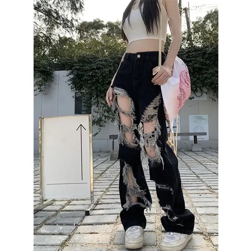 Bonnyshow Y2k Broken Hole Jeans All-Match Distressed Women High Street Hip Hop High Waist Straight Loose Trousers Washed Mopping Pants