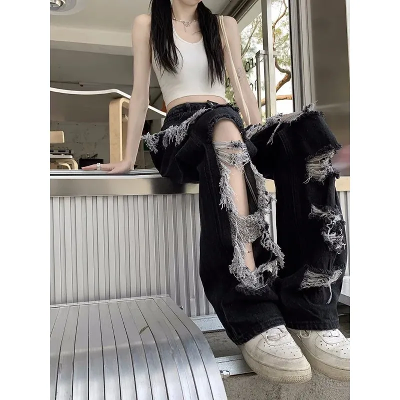 Bonnyshow Y2k Broken Hole Jeans All-Match Distressed Women High Street Hip Hop High Waist Straight Loose Trousers Washed Mopping Pants