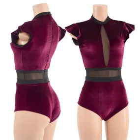 Burgundy Velvet and Mesh Romper with Inset Mesh Keyhole Neckline