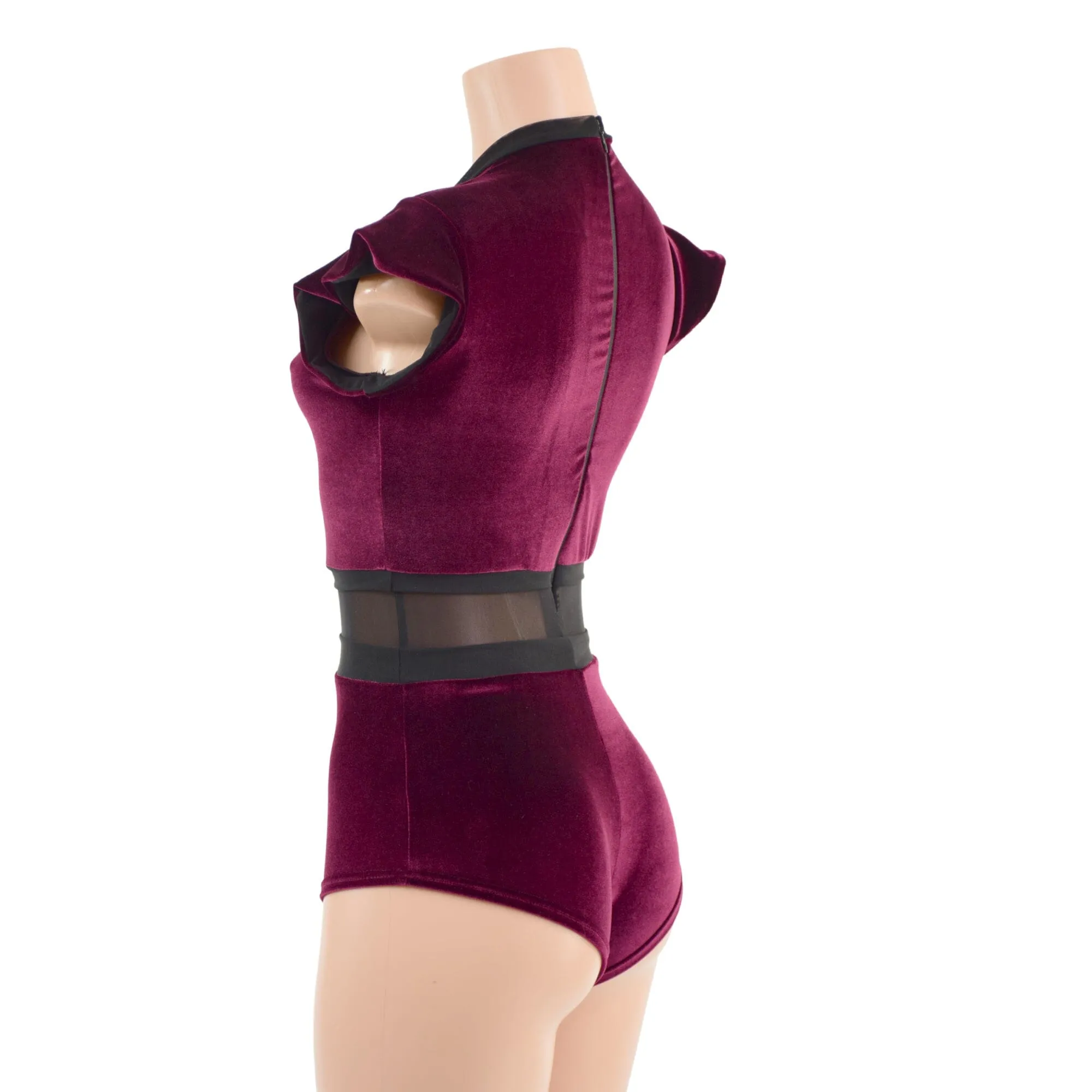Burgundy Velvet and Mesh Romper with Inset Mesh Keyhole Neckline