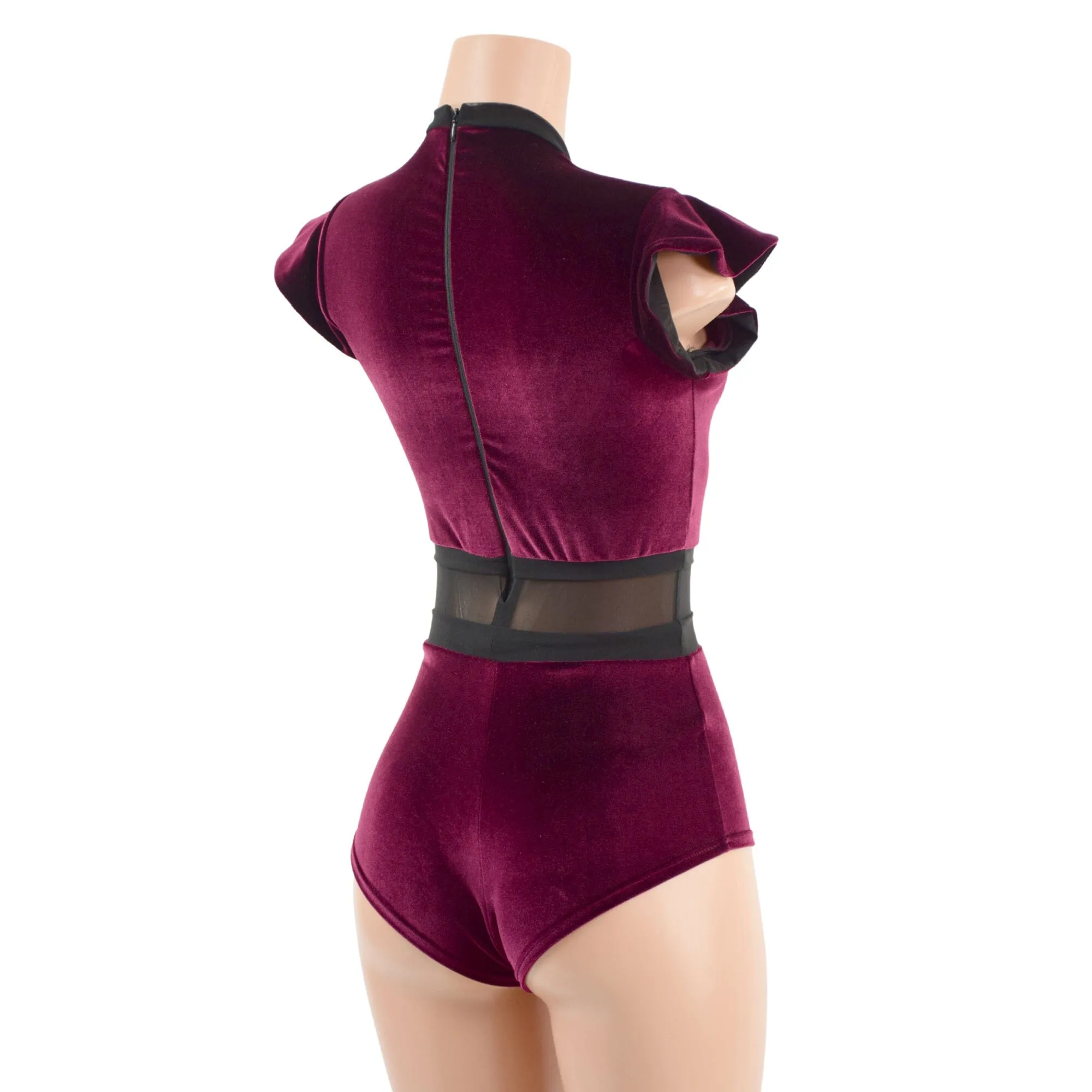Burgundy Velvet and Mesh Romper with Inset Mesh Keyhole Neckline
